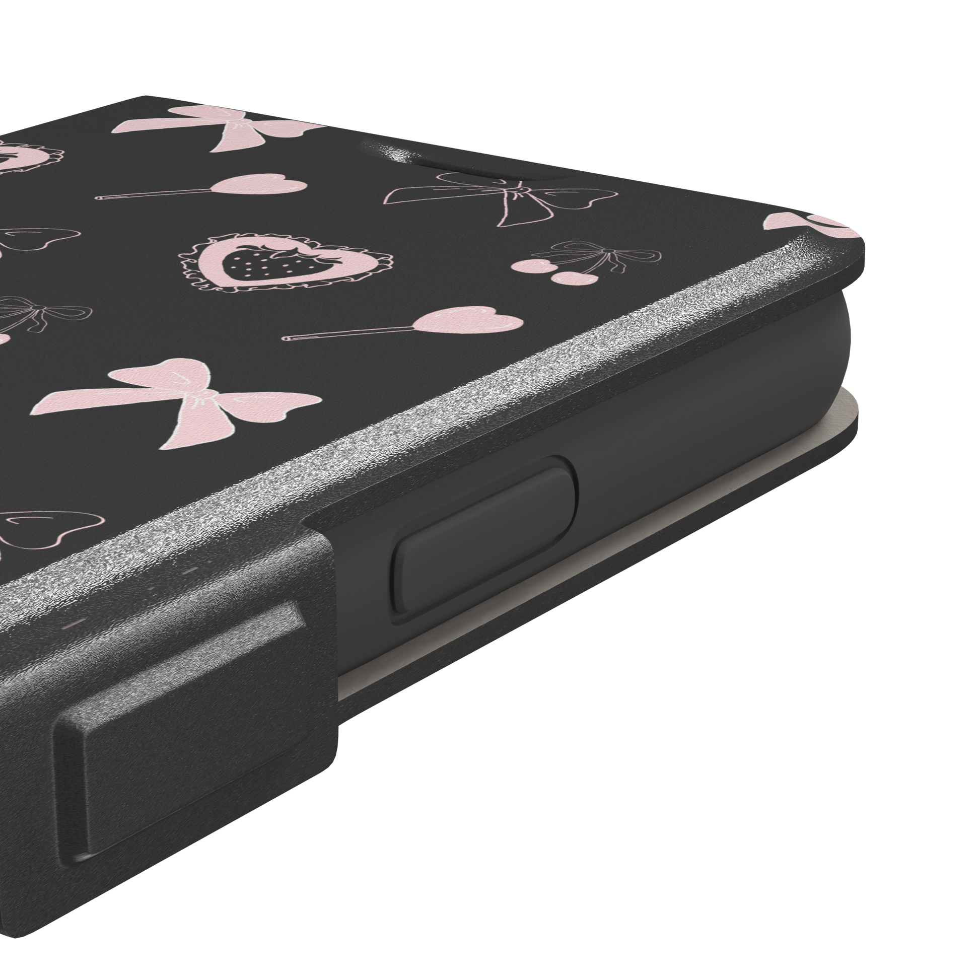 Sweetness Overload phone case in dark charcoal grey with pink bows, cherries, heart lollipops and frilled strawberry heart illustrations — wallet case, volume buttons detail