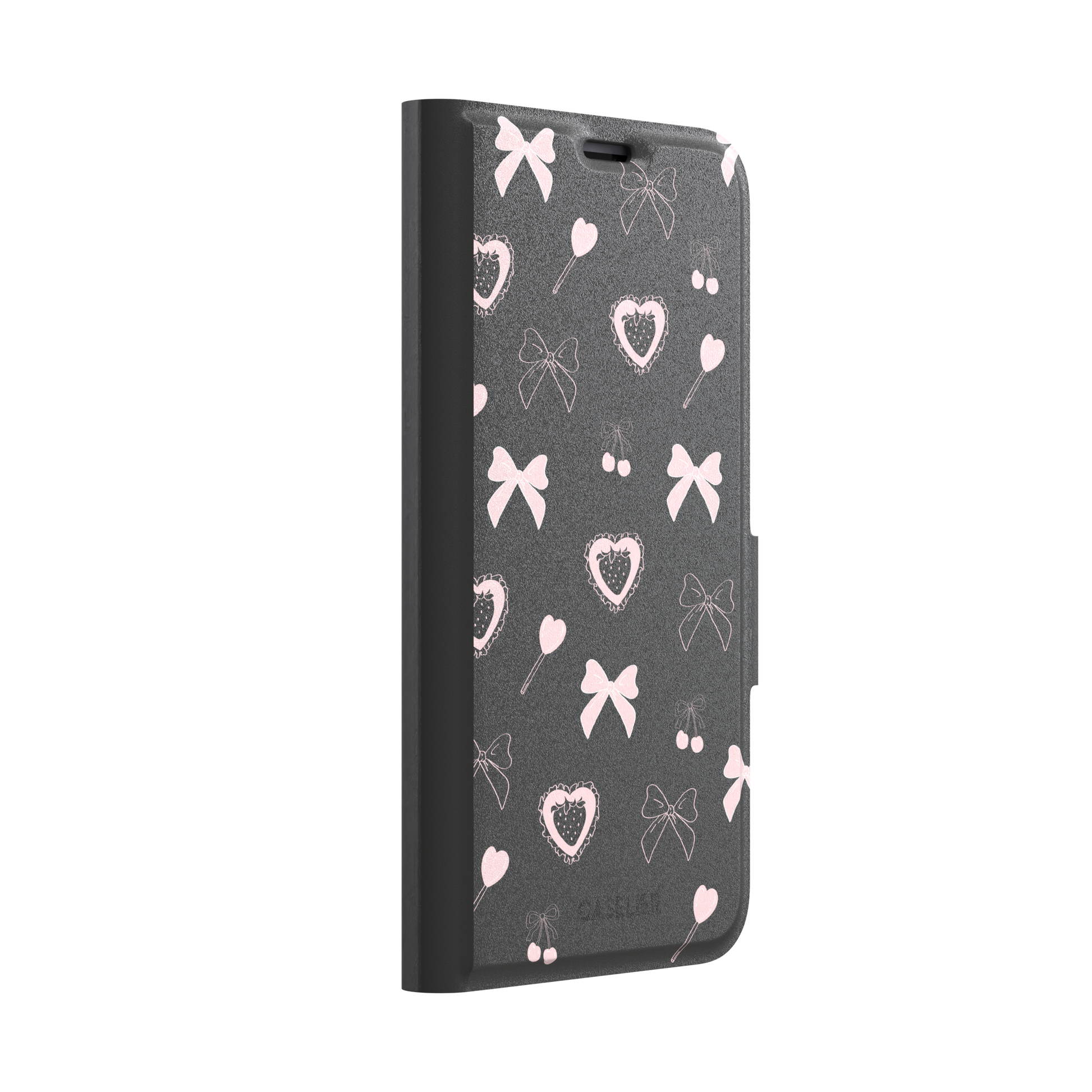 Sweetness Overload phone case in dark charcoal grey with pink bows, cherries, heart lollipops and frilled strawberry heart illustrations — wallet case, left view