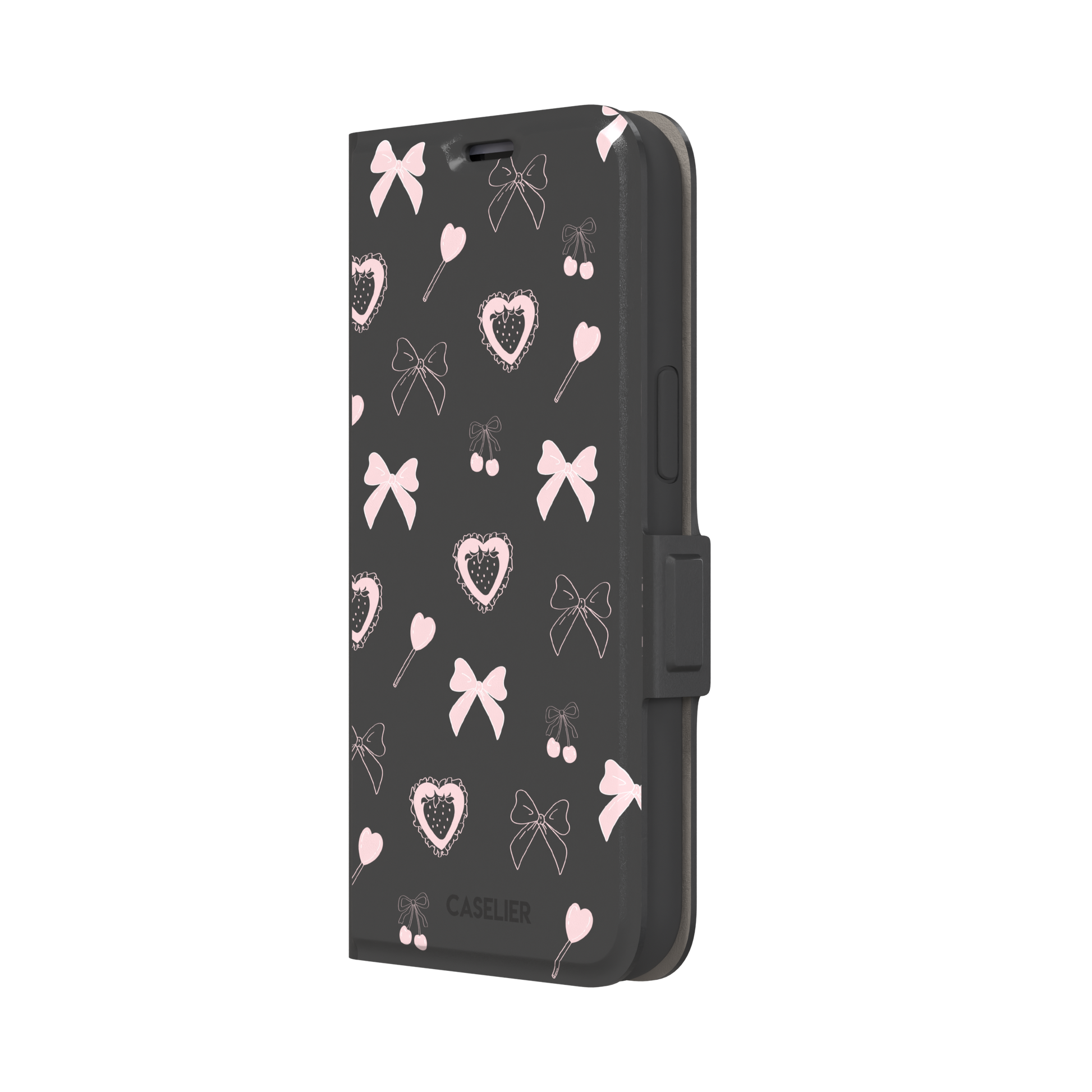 Sweetness Overload phone case in dark charcoal grey with pink bows, cherries, heart lollipops and frilled strawberry heart illustrations — wallet case, right view