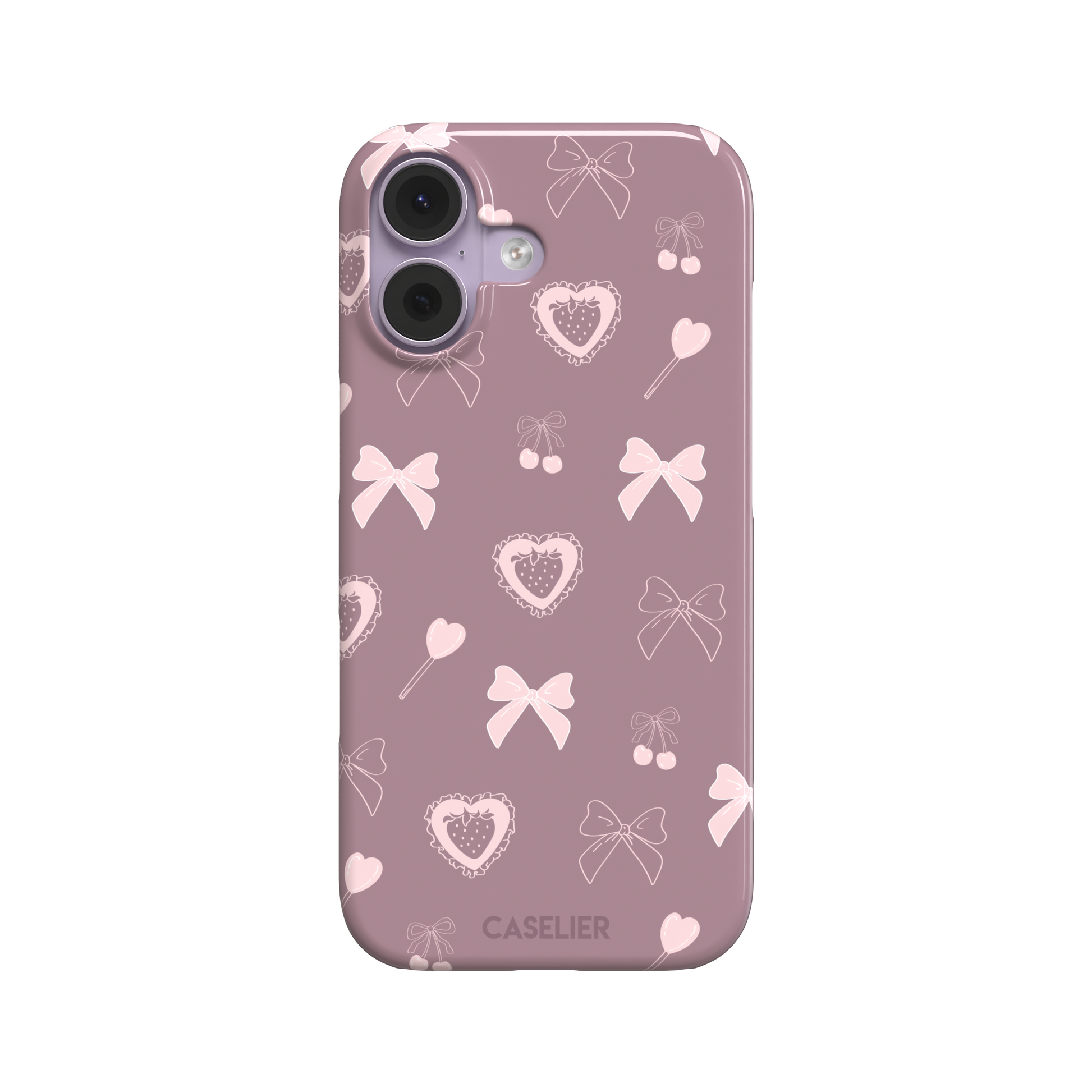 Sweetness Overload phone case in dusty pink with soft pink bows, cherries, heart lollipops and frilled strawberry heart illustrations — snap case, front view