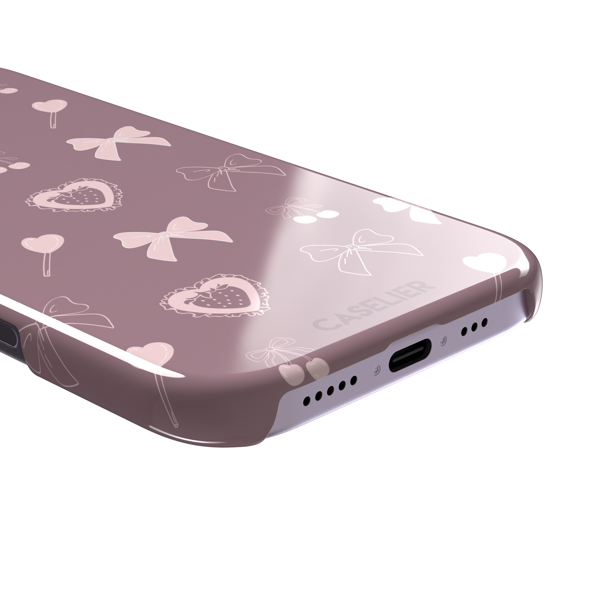Sweetness Overload phone case in dusty pink with soft pink bows, cherries, heart lollipops and frilled strawberry heart illustrations — snap case, charging port detail