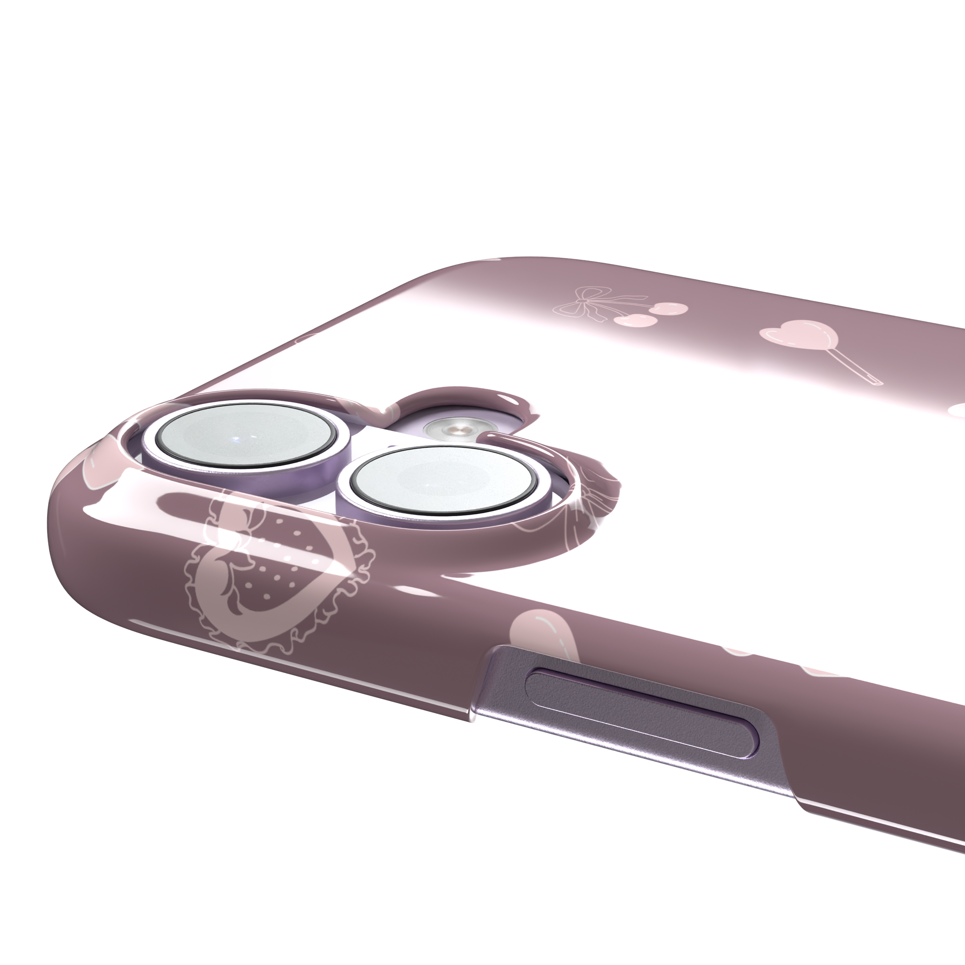 Sweetness Overload phone case in dusty pink with soft pink bows, cherries, heart lollipops and frilled strawberry heart illustrations — snap case, volume buttons detail