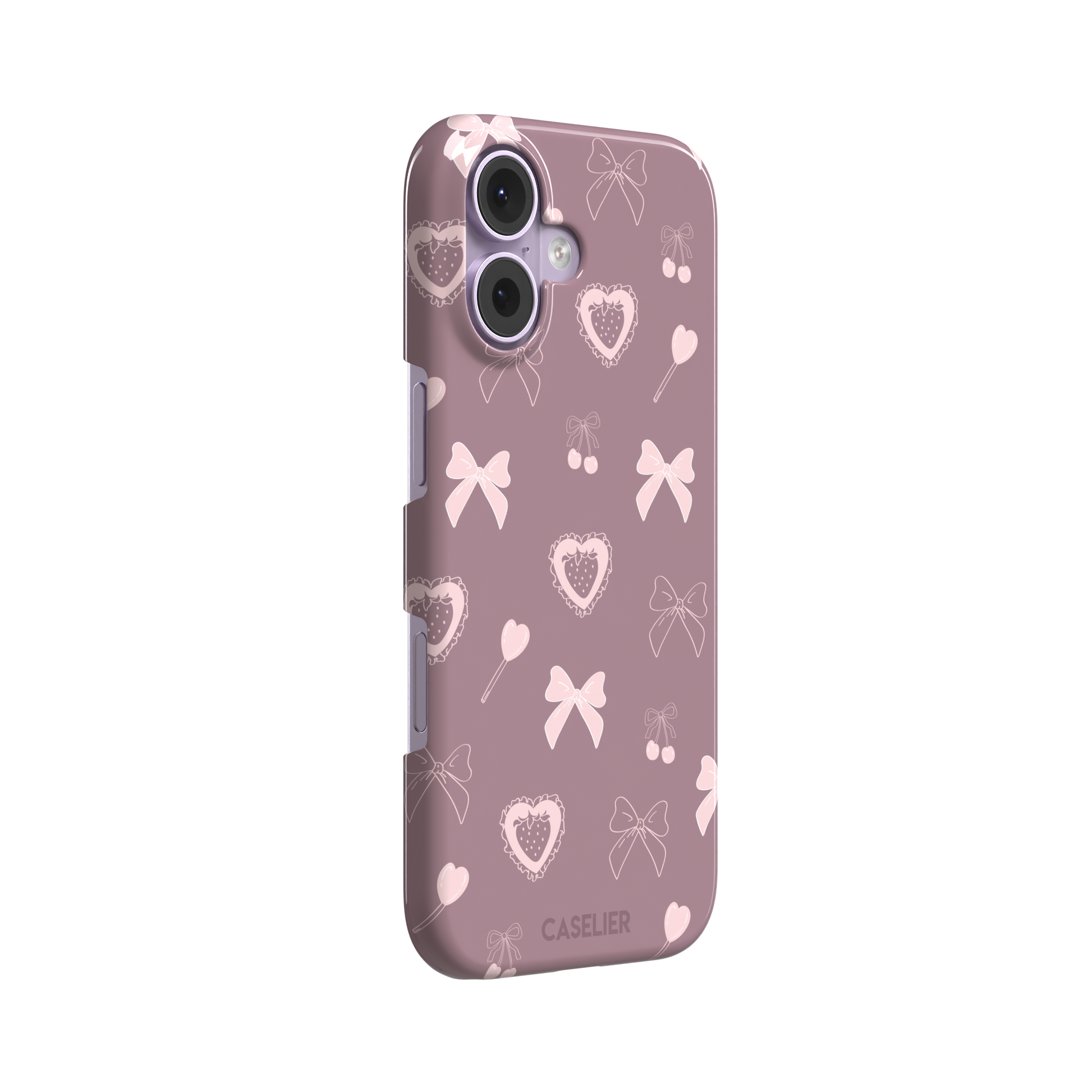 Sweetness Overload phone case in dusty pink with soft pink bows, cherries, heart lollipops and frilled strawberry heart illustrations — snap case, left view