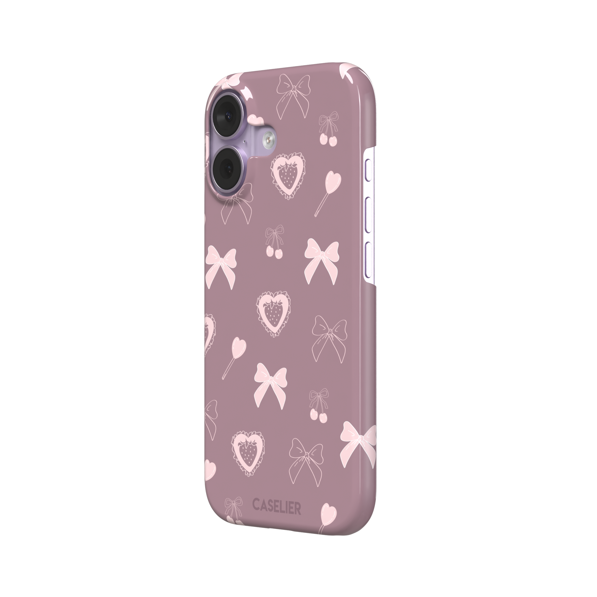 Sweetness Overload phone case in dusty pink with soft pink bows, cherries, heart lollipops and frilled strawberry heart illustrations — snap case, right view