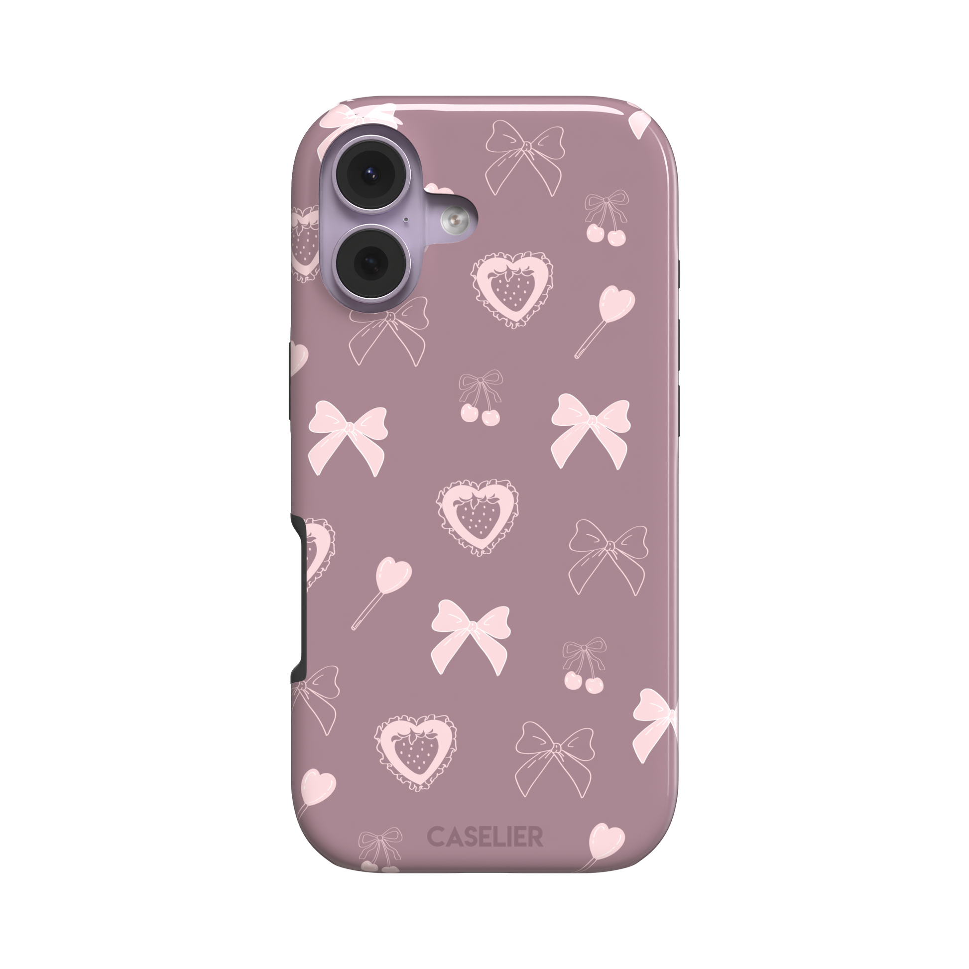 Sweetness Overload phone case in dusty pink with soft pink bows, cherries, heart lollipops and frilled strawberry heart illustrations — tough case, front view