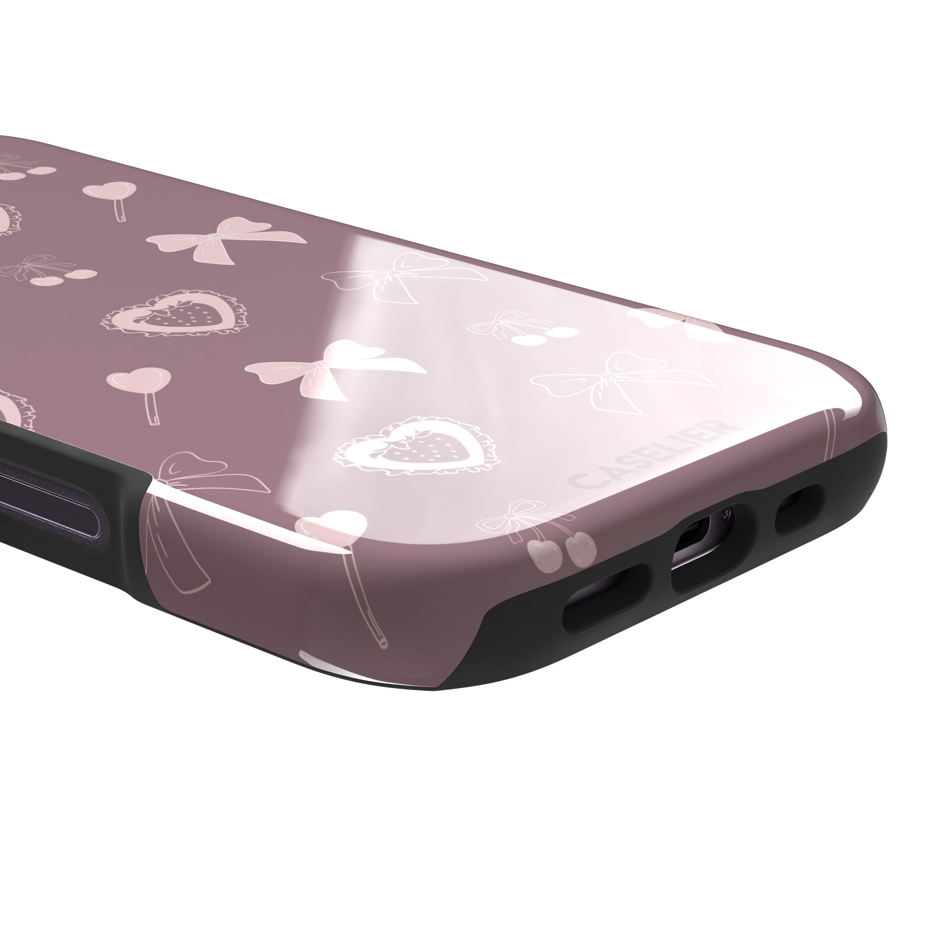 Sweetness Overload phone case in dusty pink with soft pink bows, cherries, heart lollipops and frilled strawberry heart illustrations — tough case, charging port detail