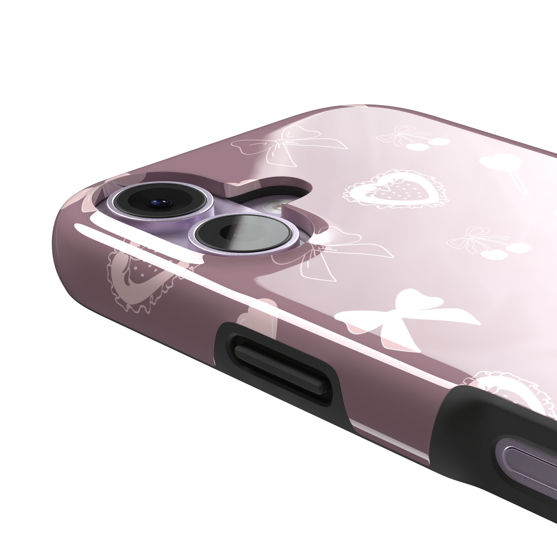 Sweetness Overload phone case in dusty pink with soft pink bows, cherries, heart lollipops and frilled strawberry heart illustrations — tough case, volume buttons detail