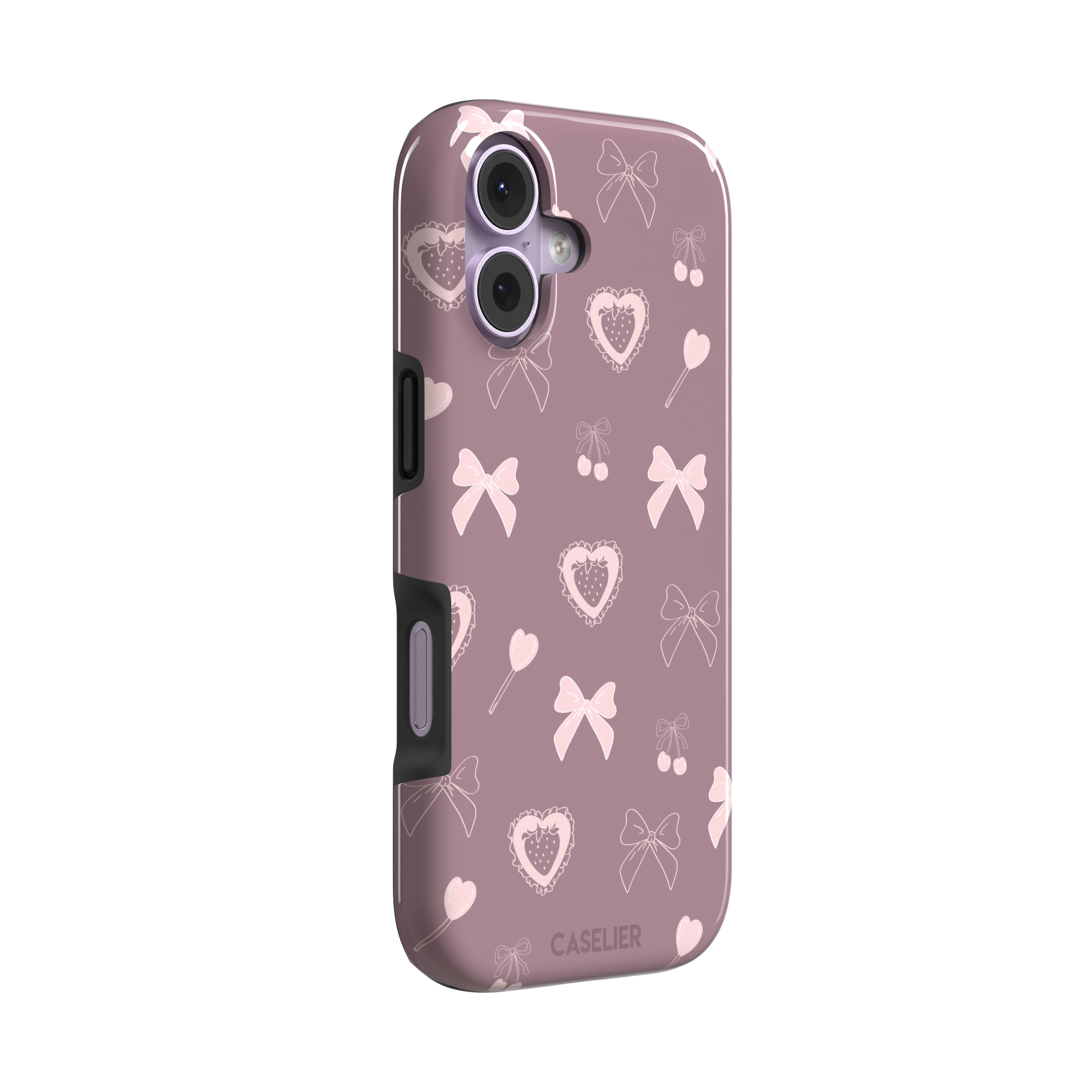 Sweetness Overload phone case in dusty pink with soft pink bows, cherries, heart lollipops and frilled strawberry heart illustrations — tough case, left view