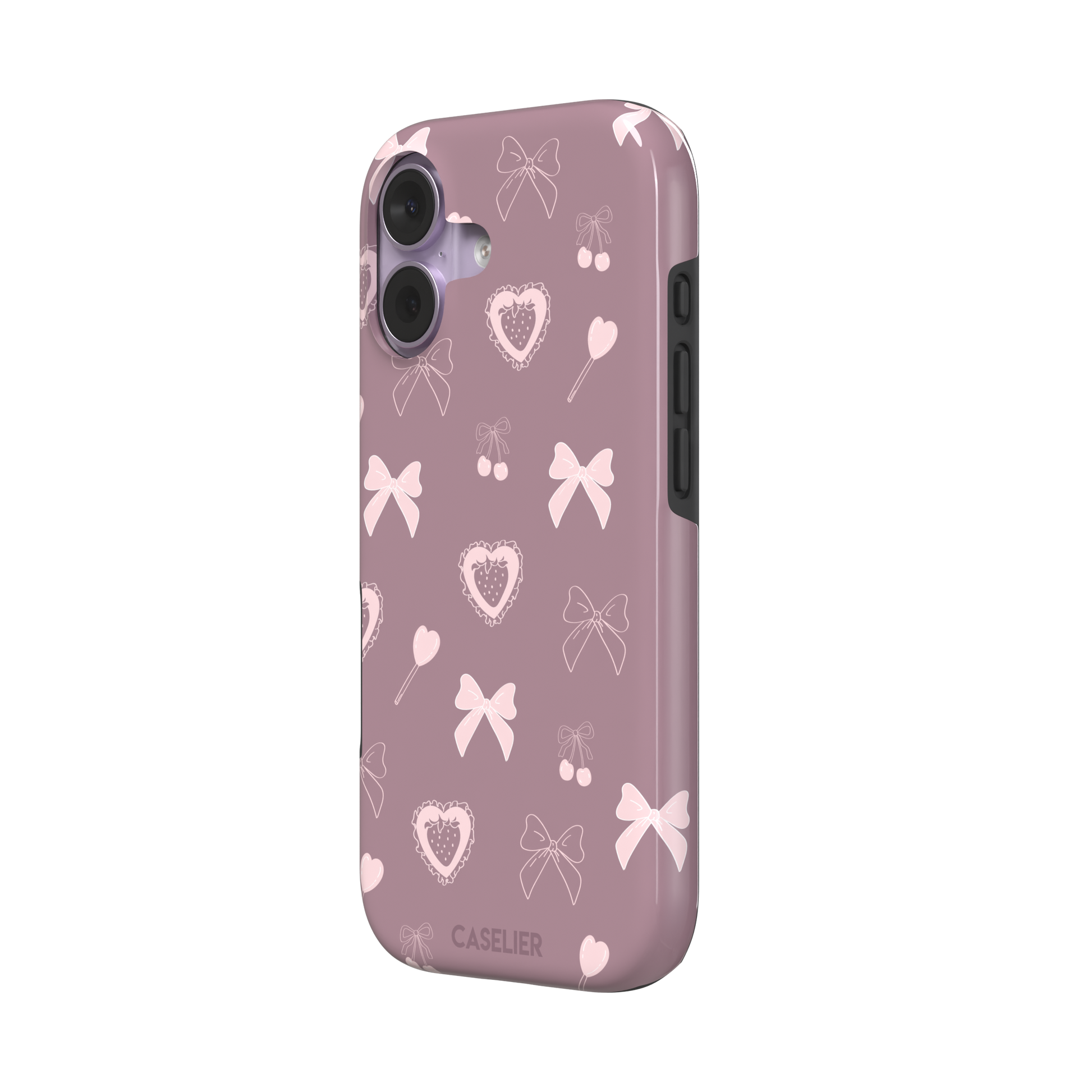Sweetness Overload phone case in dusty pink with soft pink bows, cherries, heart lollipops and frilled strawberry heart illustrations — tough case, right view