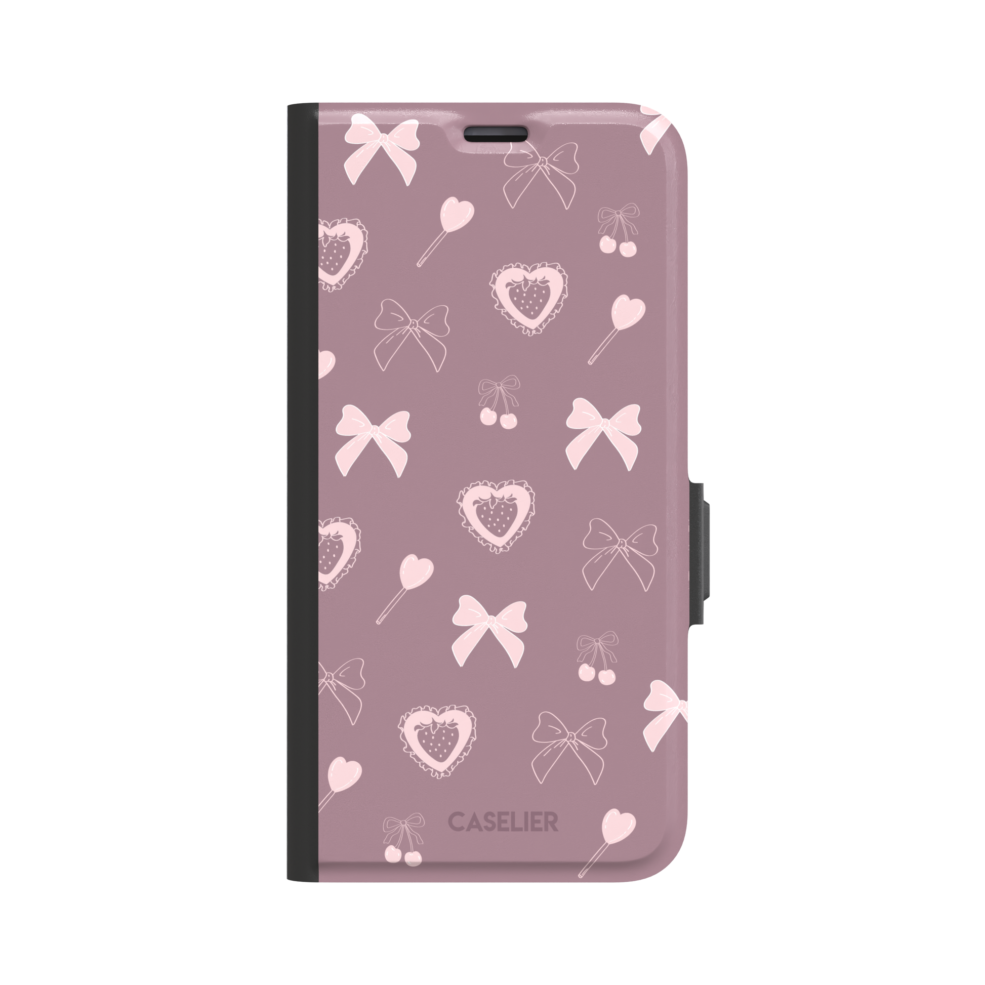 Sweetness Overload phone case in dusty pink with soft pink bows, cherries, heart lollipops and frilled strawberry heart illustrations — wallet case, front view