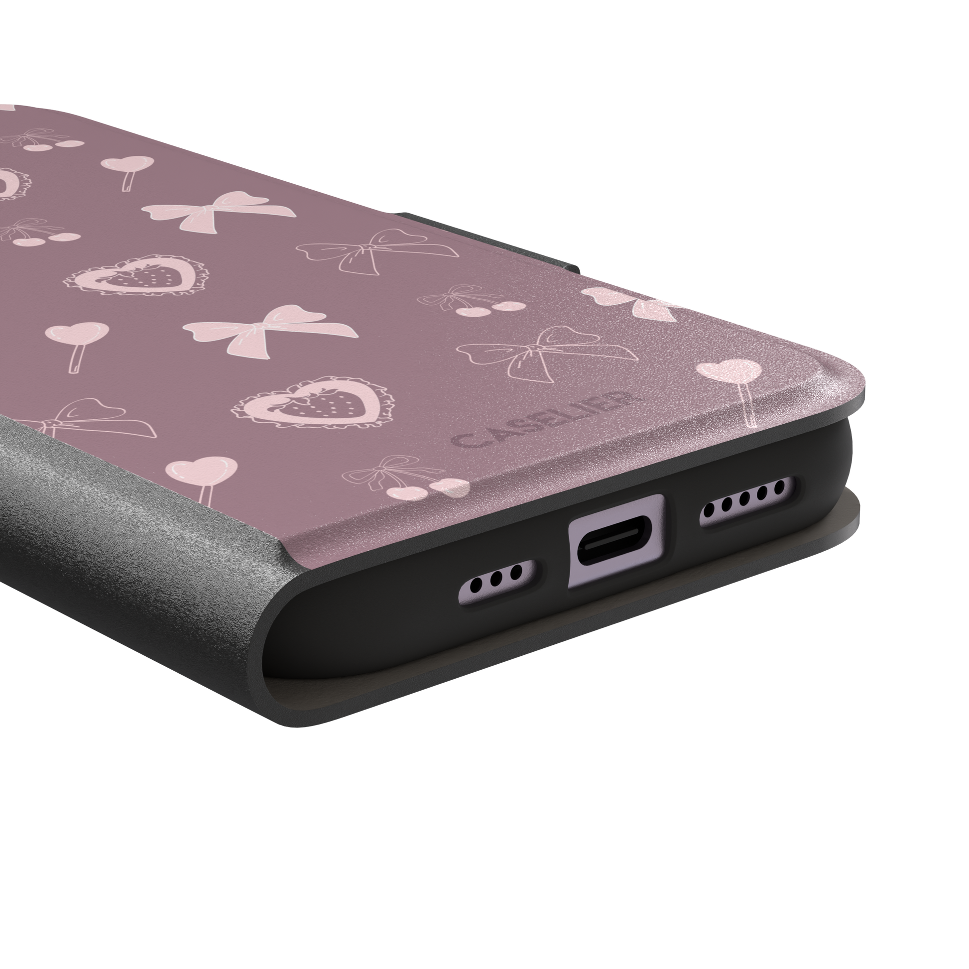 Sweetness Overload phone case in dusty pink with soft pink bows, cherries, heart lollipops and frilled strawberry heart illustrations — wallet case, charging port detail
