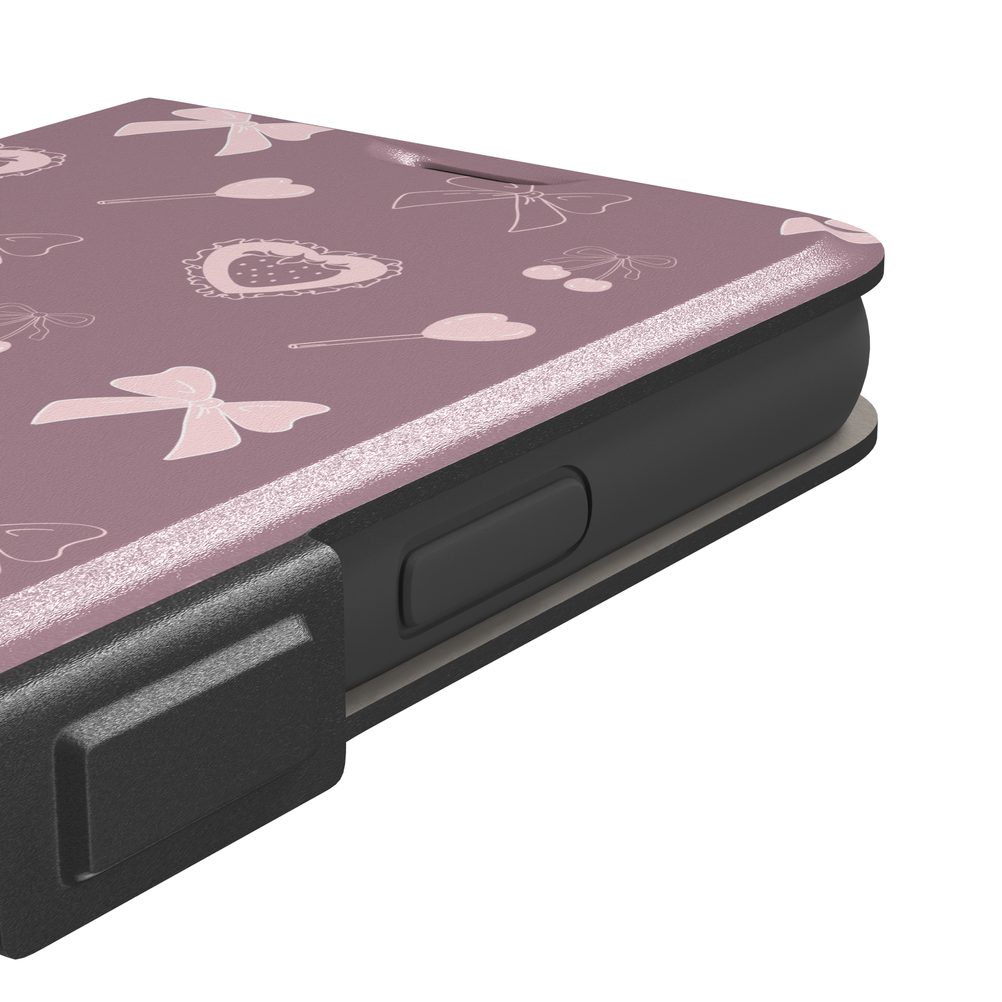 Sweetness Overload phone case in dusty pink with soft pink bows, cherries, heart lollipops and frilled strawberry heart illustrations — wallet case, volume buttons detail
