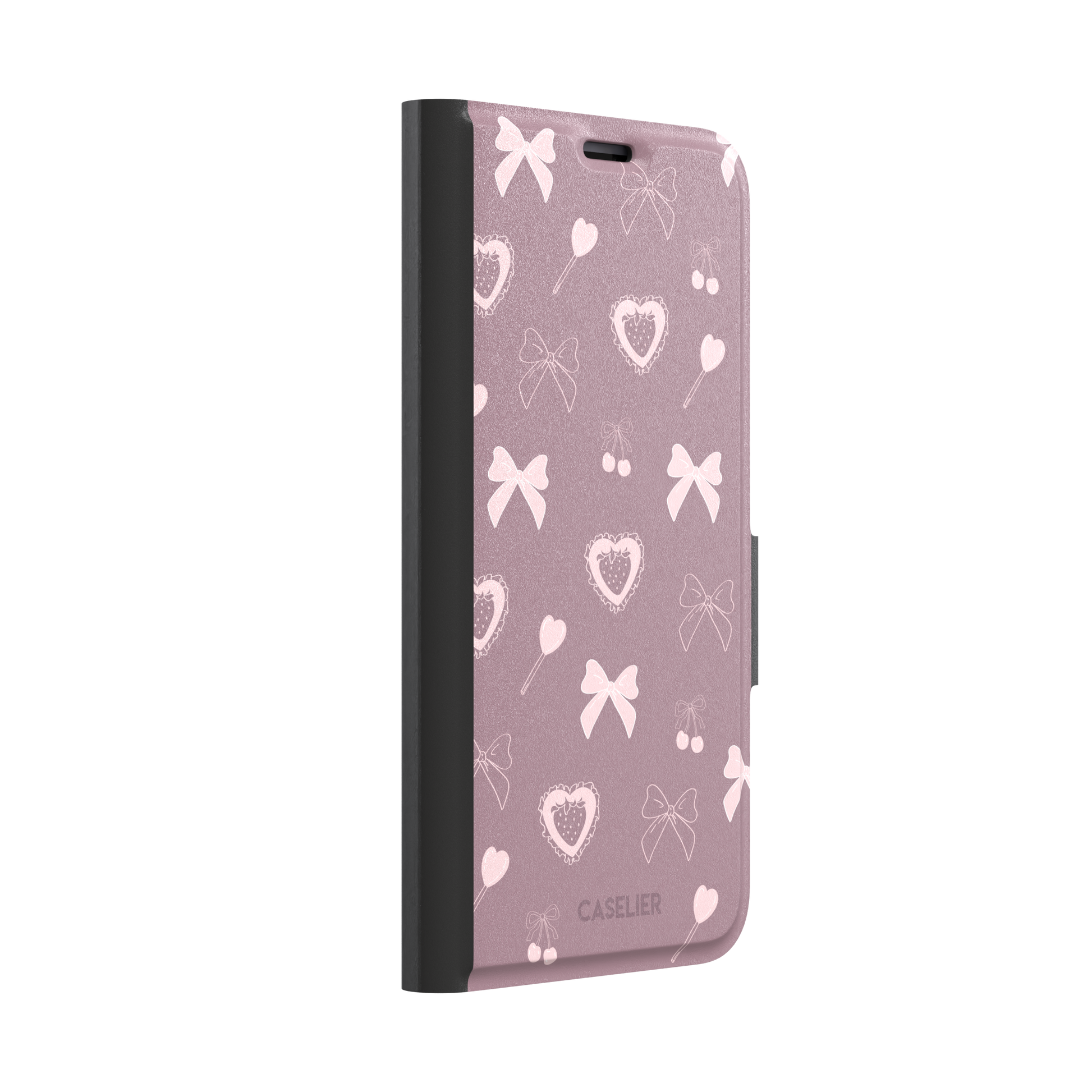 Sweetness Overload phone case in dusty pink with soft pink bows, cherries, heart lollipops and frilled strawberry heart illustrations — wallet case, left view