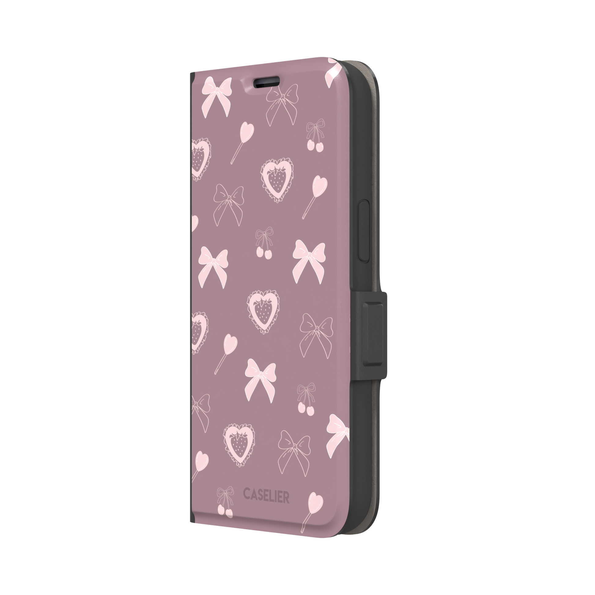 Sweetness Overload phone case in dusty pink with soft pink bows, cherries, heart lollipops and frilled strawberry heart illustrations — wallet case, right view