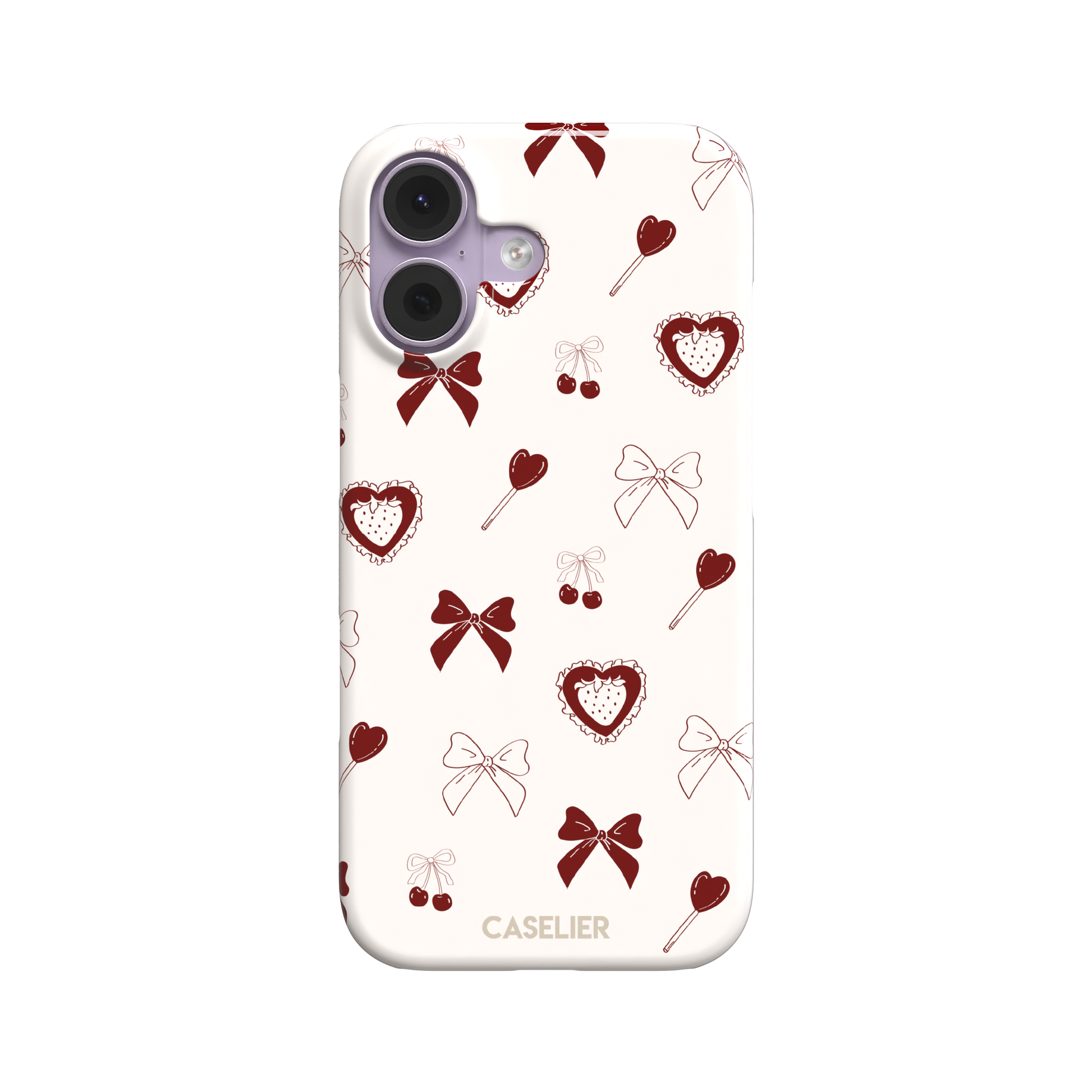 Sweetness Overload phone case in cream white with deep red bows, cherries, heart lollipops and frilled strawberry heart illustrations — snap case, front view