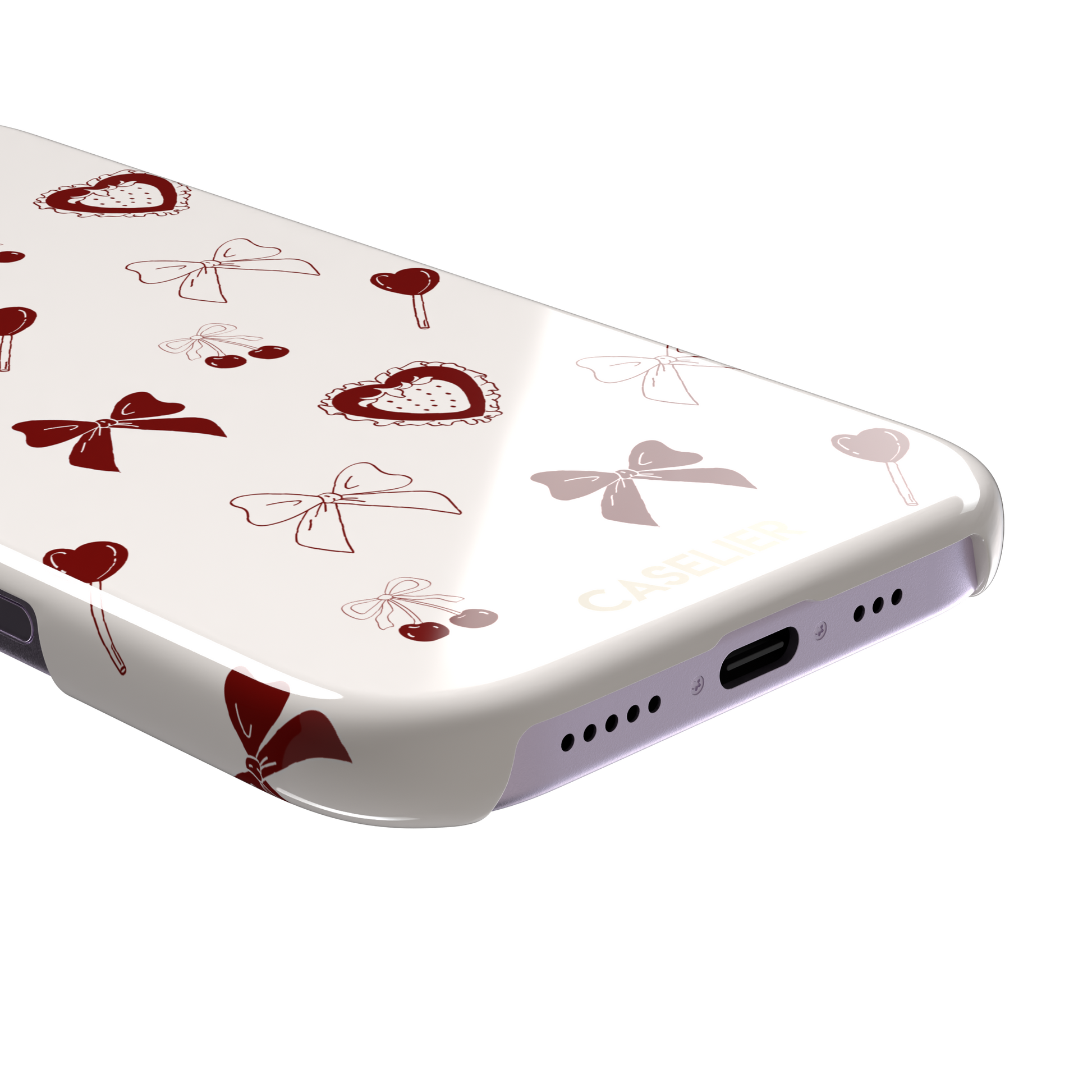 Sweetness Overload phone case in cream white with deep red bows, cherries, heart lollipops and frilled strawberry heart illustrations — snap case, charging port detail