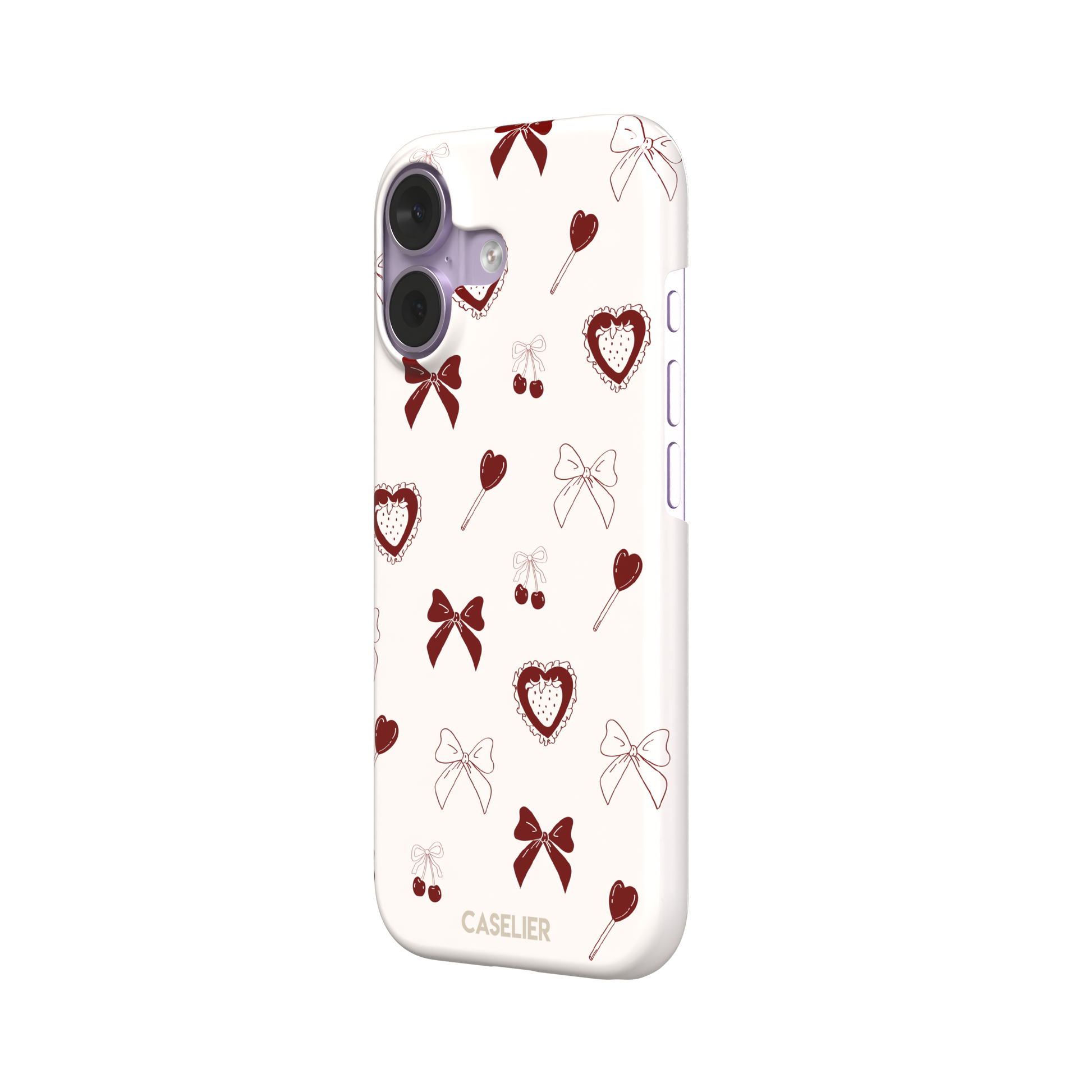 Sweetness Overload phone case in cream white with deep red bows, cherries, heart lollipops and frilled strawberry heart illustrations — snap case, right view