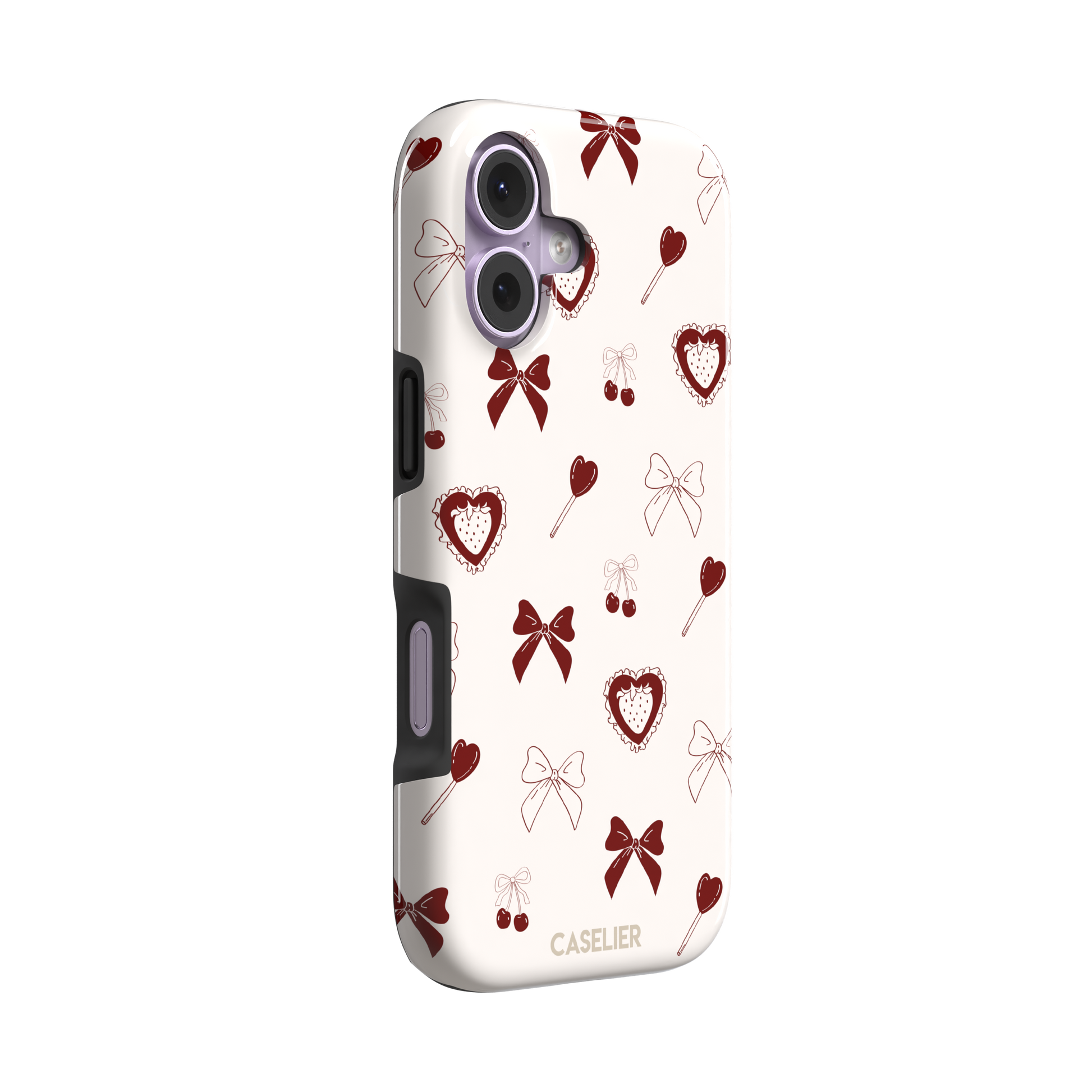 Sweetness Overload phone case in cream white with deep red bows, cherries, heart lollipops and frilled strawberry heart illustrations — tough case, left view