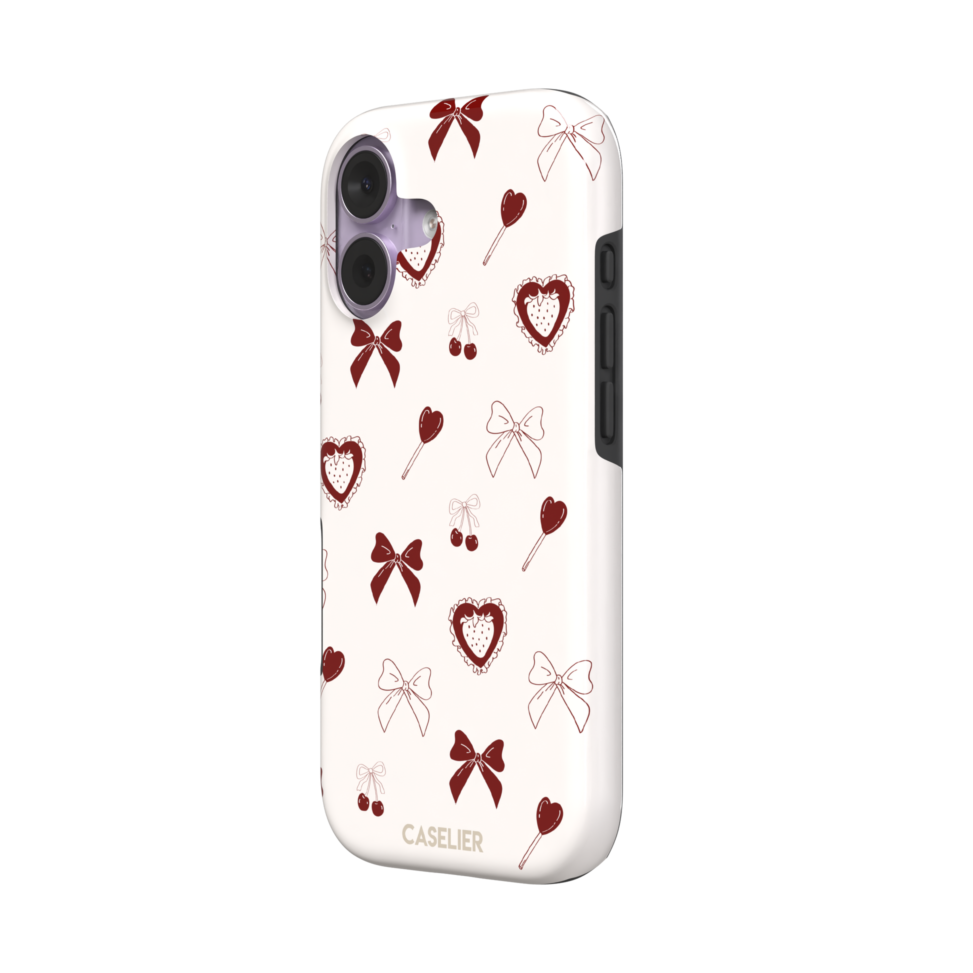 Sweetness Overload phone case in cream white with deep red bows, cherries, heart lollipops and frilled strawberry heart illustrations — tough case, right view