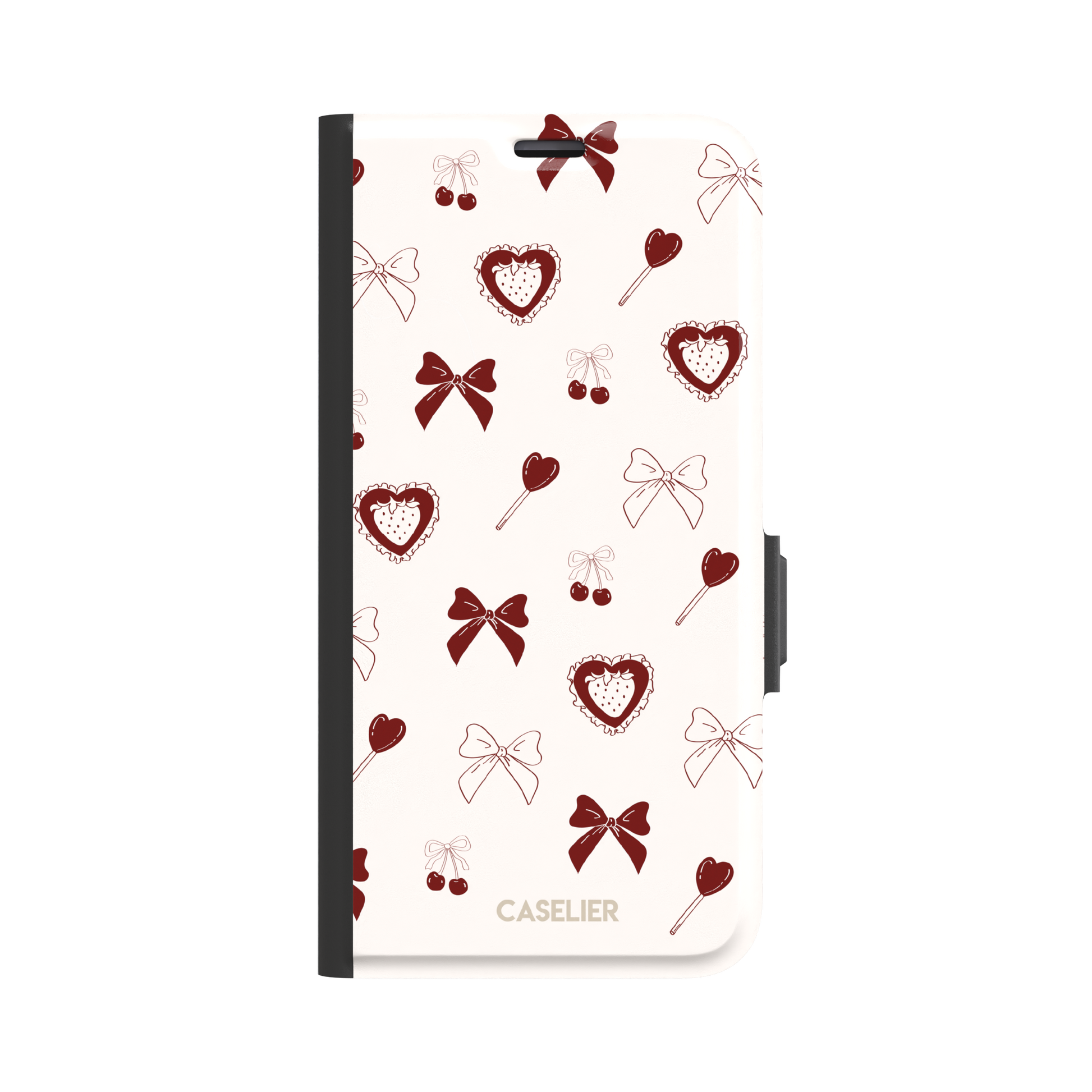 Sweetness Overload phone case in cream white with deep red bows, cherries, heart lollipops and frilled strawberry heart illustrations — wallet case, front view