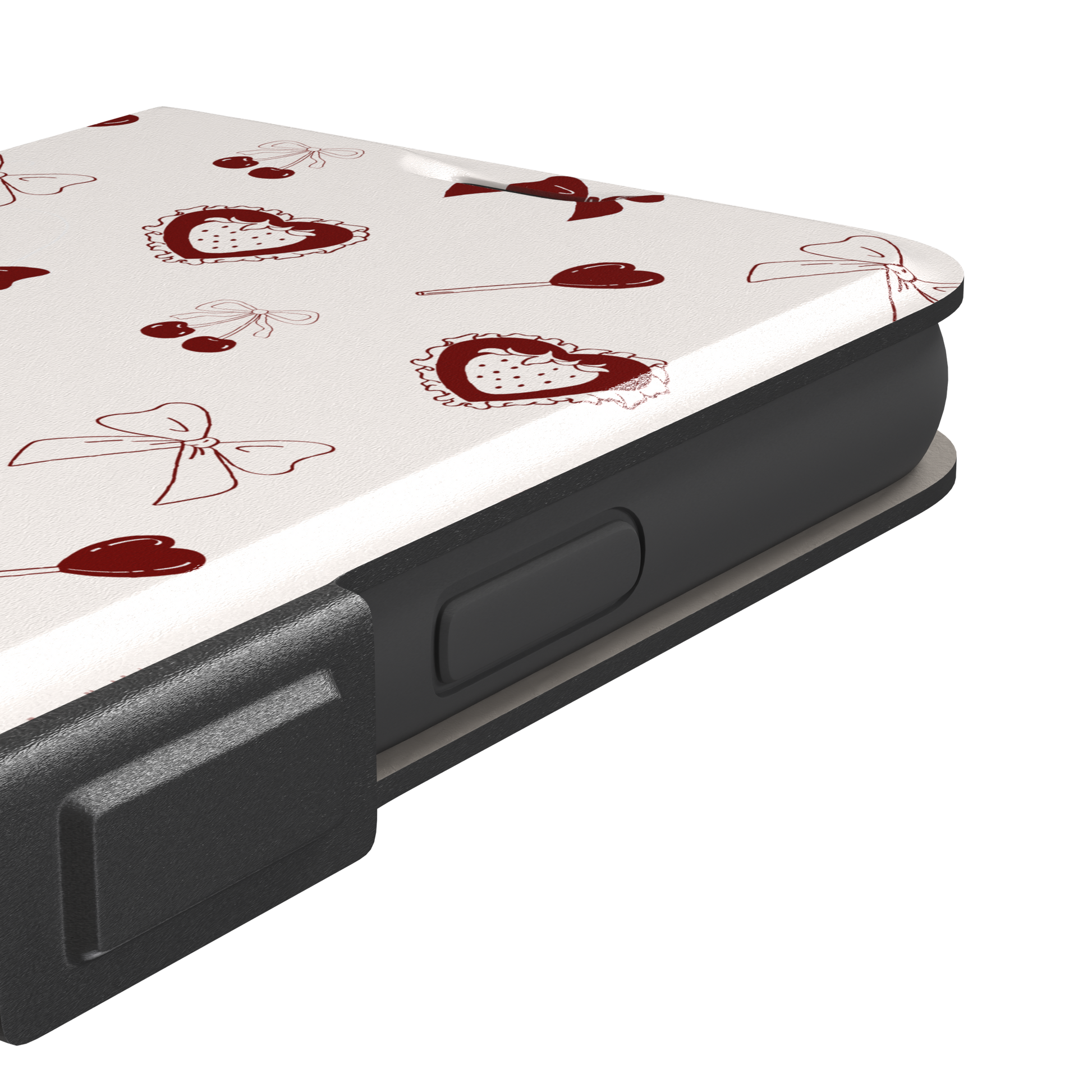 Sweetness Overload phone case in cream white with deep red bows, cherries, heart lollipops and frilled strawberry heart illustrations — wallet case, volume buttons detail