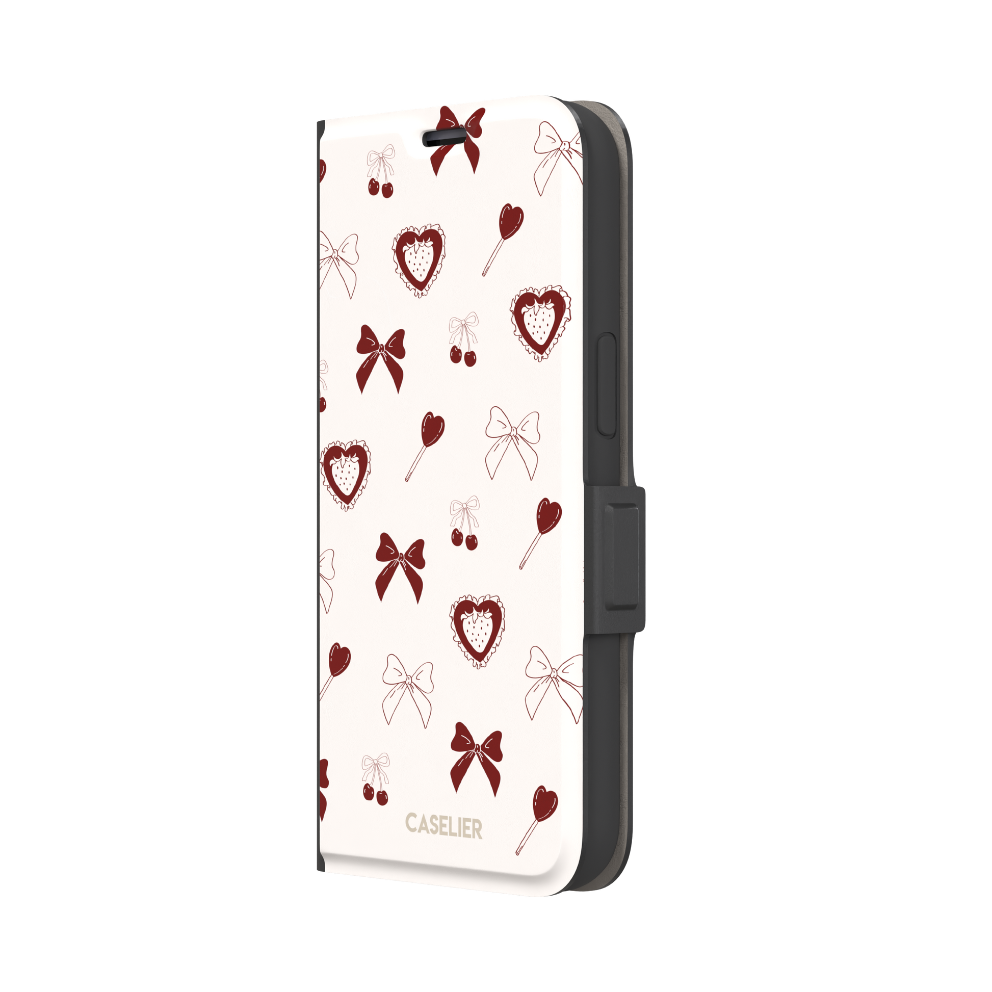 Sweetness Overload phone case in cream white with deep red bows, cherries, heart lollipops and frilled strawberry heart illustrations — wallet case, right view