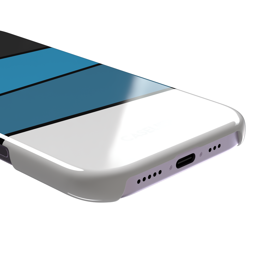 Tectonic Plates, angled black, blue and grey colour block stripes, snap case, charging port detail, phone case by Caselier
