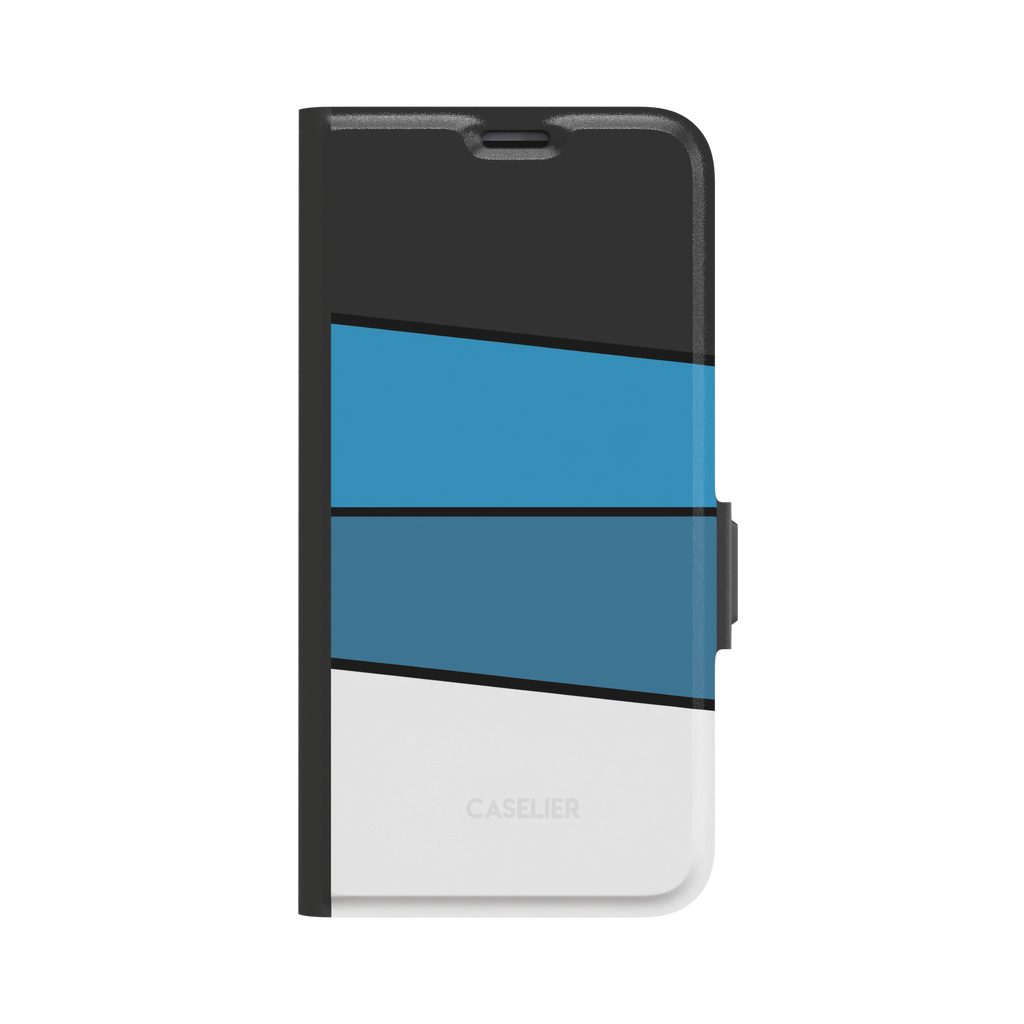 Tectonic Plates Arctic phone case with diagonal colour blocks in charcoal black, sky blue, and white separated by thin black lines, phone case by Caselier - wallet case, front view | Caselier