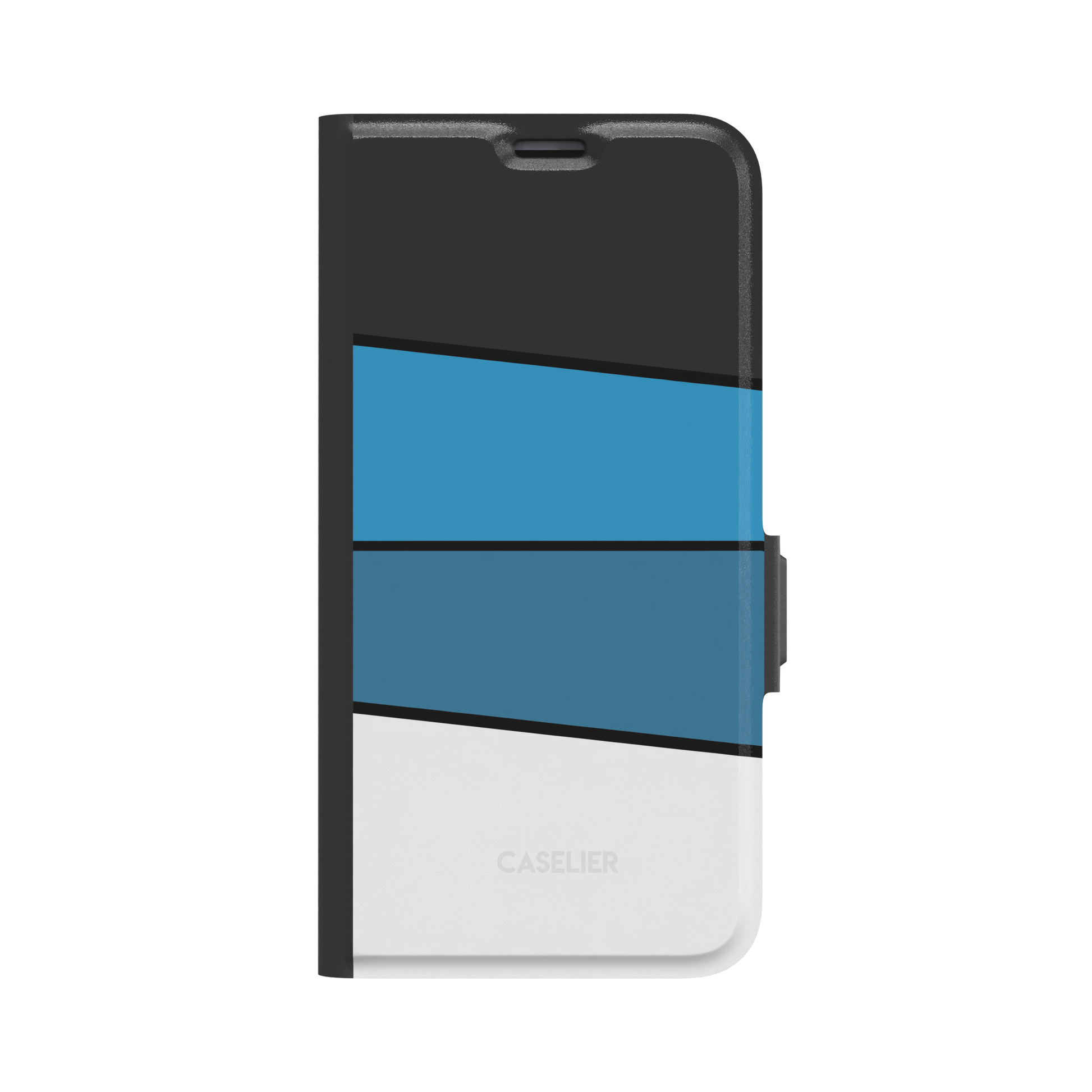 Tectonic Plates Arctic phone case with diagonal colour blocks in charcoal black, sky blue, and white separated by thin black lines, phone case by Caselier - wallet case, front view | Caselier