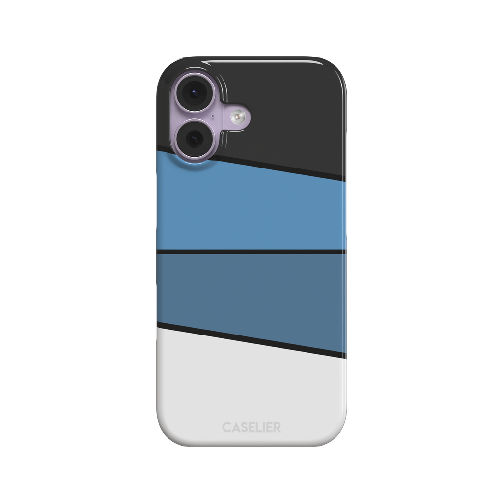 Tectonic Plates phone case variant in black, steel blue, muted blue and white diagonal color blocks with black dividing lines, phone case by Caselier — snap case, front view