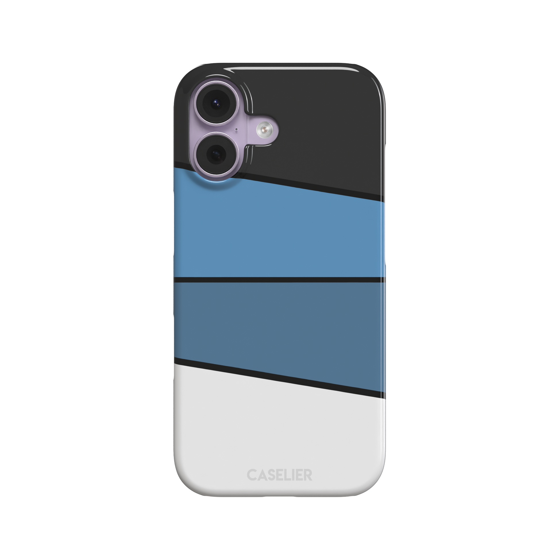 Tectonic Plates phone case variant in black, steel blue, muted blue and white diagonal color blocks with black dividing lines, phone case by Caselier — snap case, front view