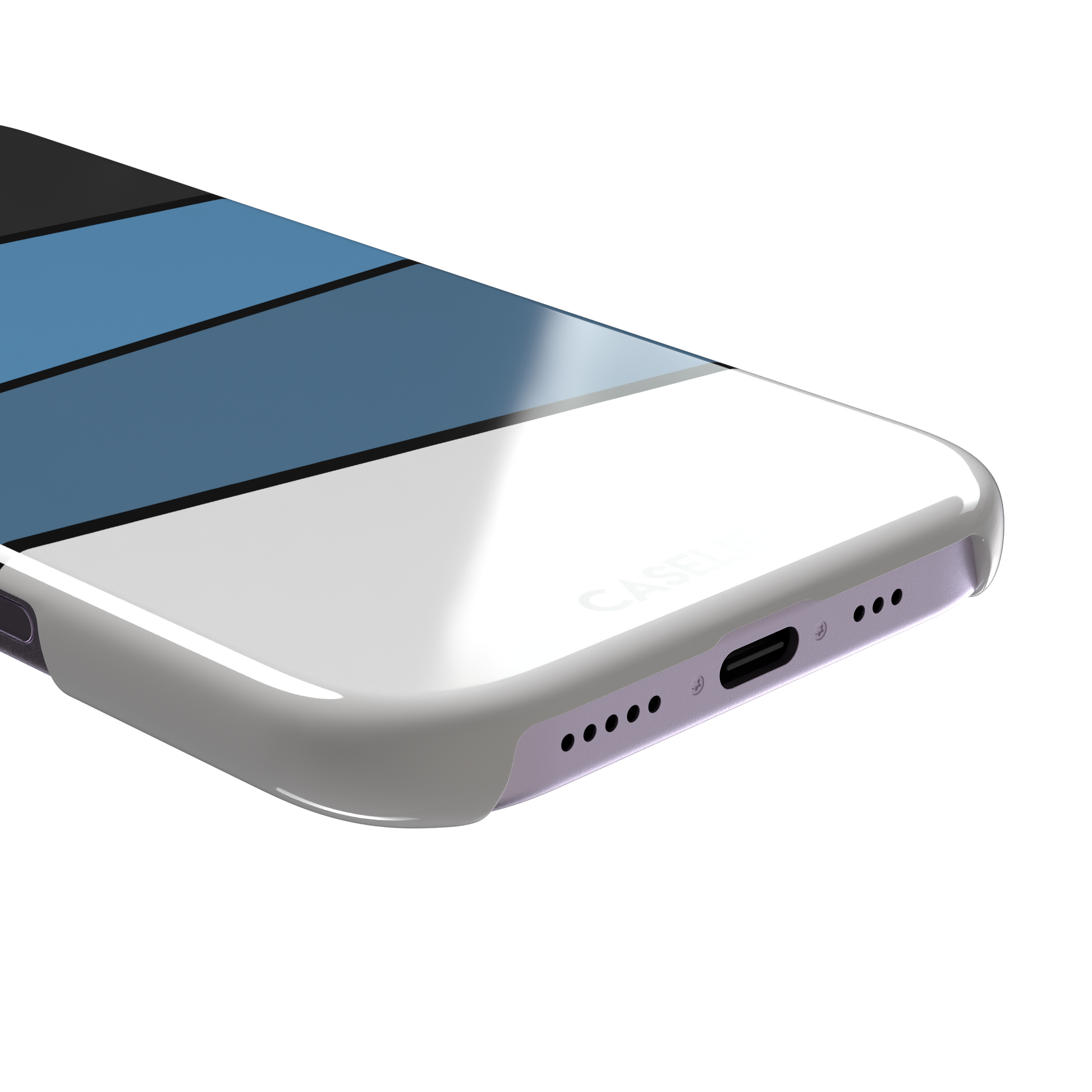 Tectonic Plates phone case variant in black, steel blue, muted blue and white diagonal color blocks with black dividing lines, phone case by Caselier — snap case, charging port detail