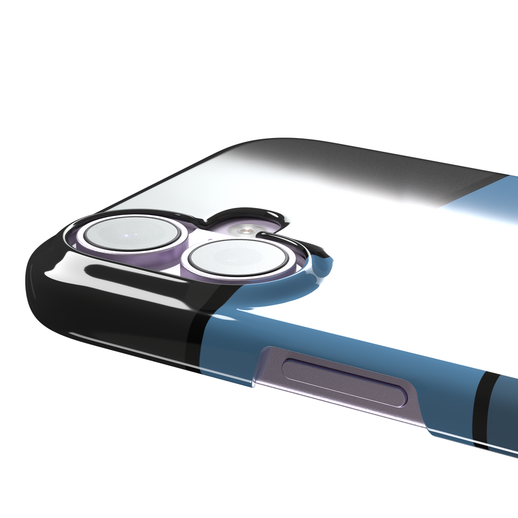 Tectonic Plates phone case variant in black, steel blue, muted blue and white diagonal color blocks with black dividing lines, phone case by Caselier — snap case, volume buttons detail