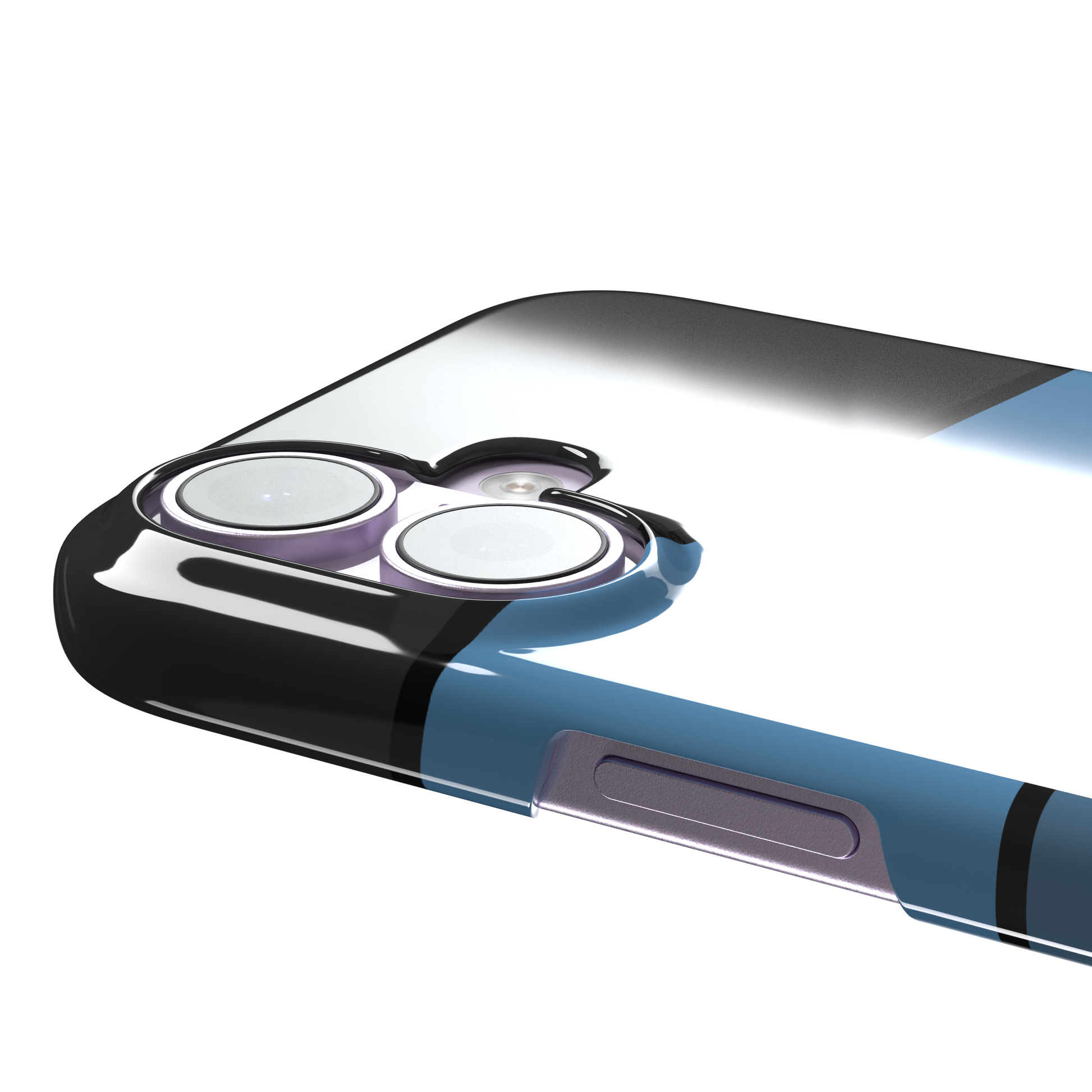 Tectonic Plates phone case variant in black, steel blue, muted blue and white diagonal color blocks with black dividing lines, phone case by Caselier — snap case, volume buttons detail