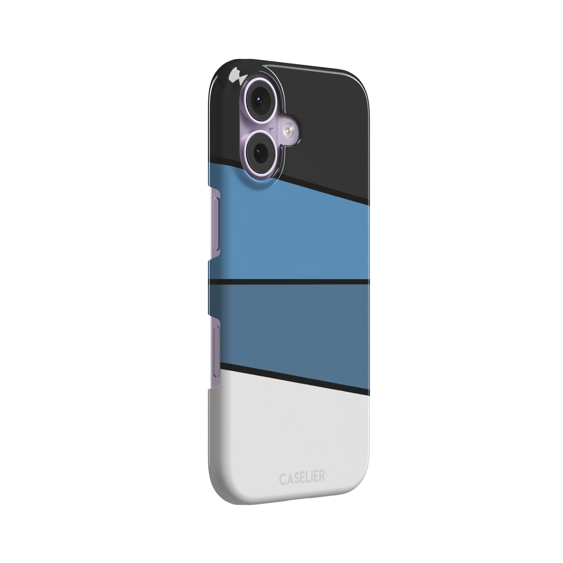 Tectonic Plates phone case variant in black, steel blue, muted blue and white diagonal color blocks with black dividing lines, phone case by Caselier — snap case, left view