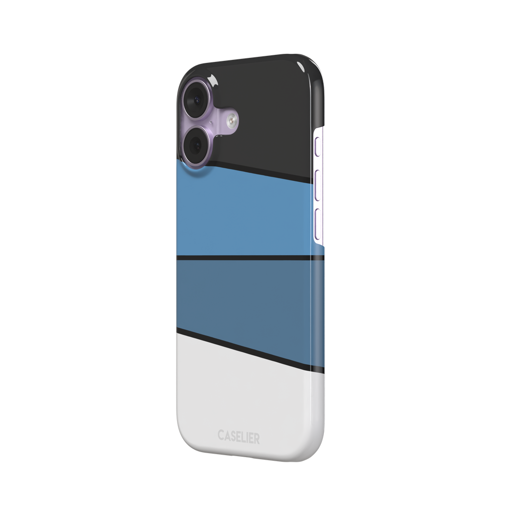 Tectonic Plates phone case variant in black, steel blue, muted blue and white diagonal color blocks with black dividing lines, phone case by Caselier — snap case, right view
