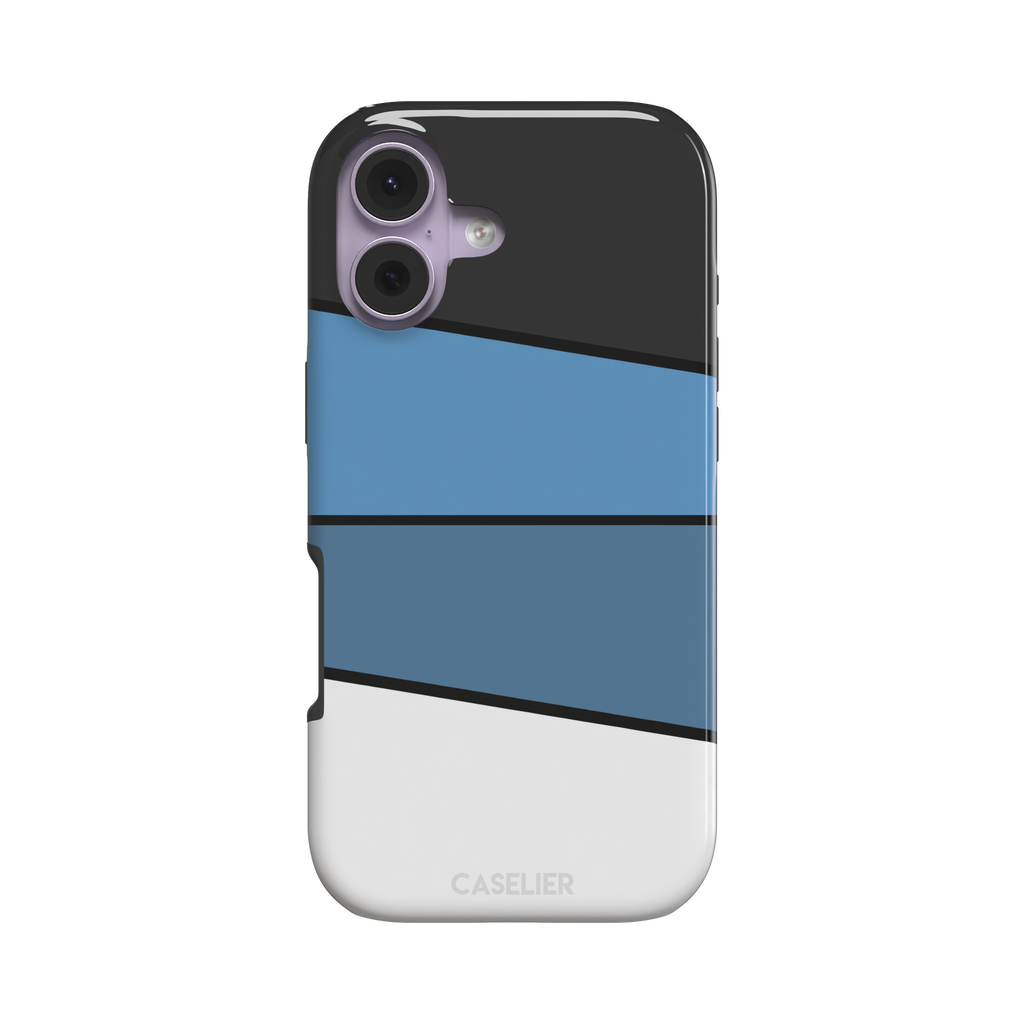 Tectonic Plates phone case variant in black, steel blue, muted blue and white diagonal color blocks with black dividing lines, phone case by Caselier — tough case, front view