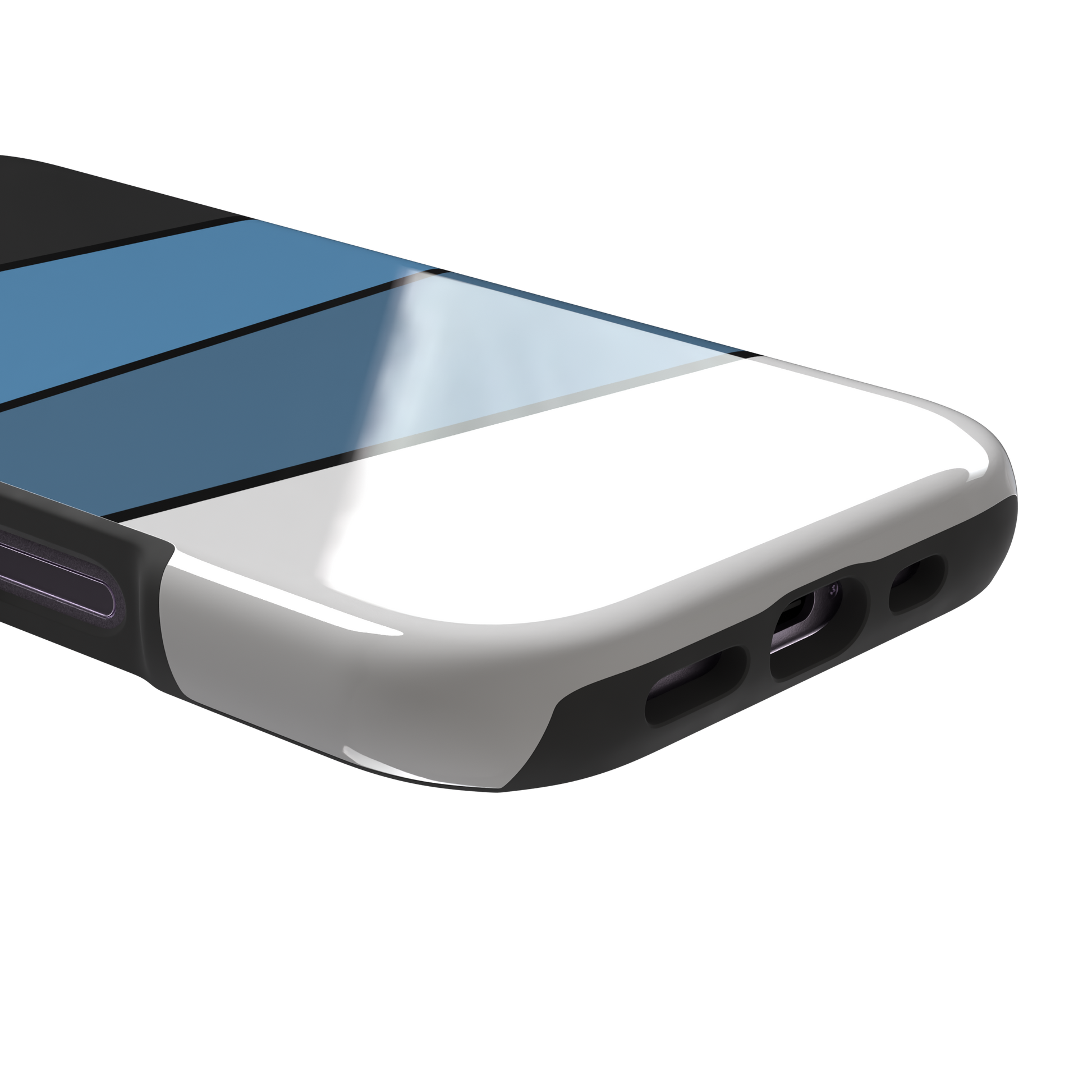 Tectonic Plates phone case variant in black, steel blue, muted blue and white diagonal color blocks with black dividing lines, phone case by Caselier — tough case, charging port detail