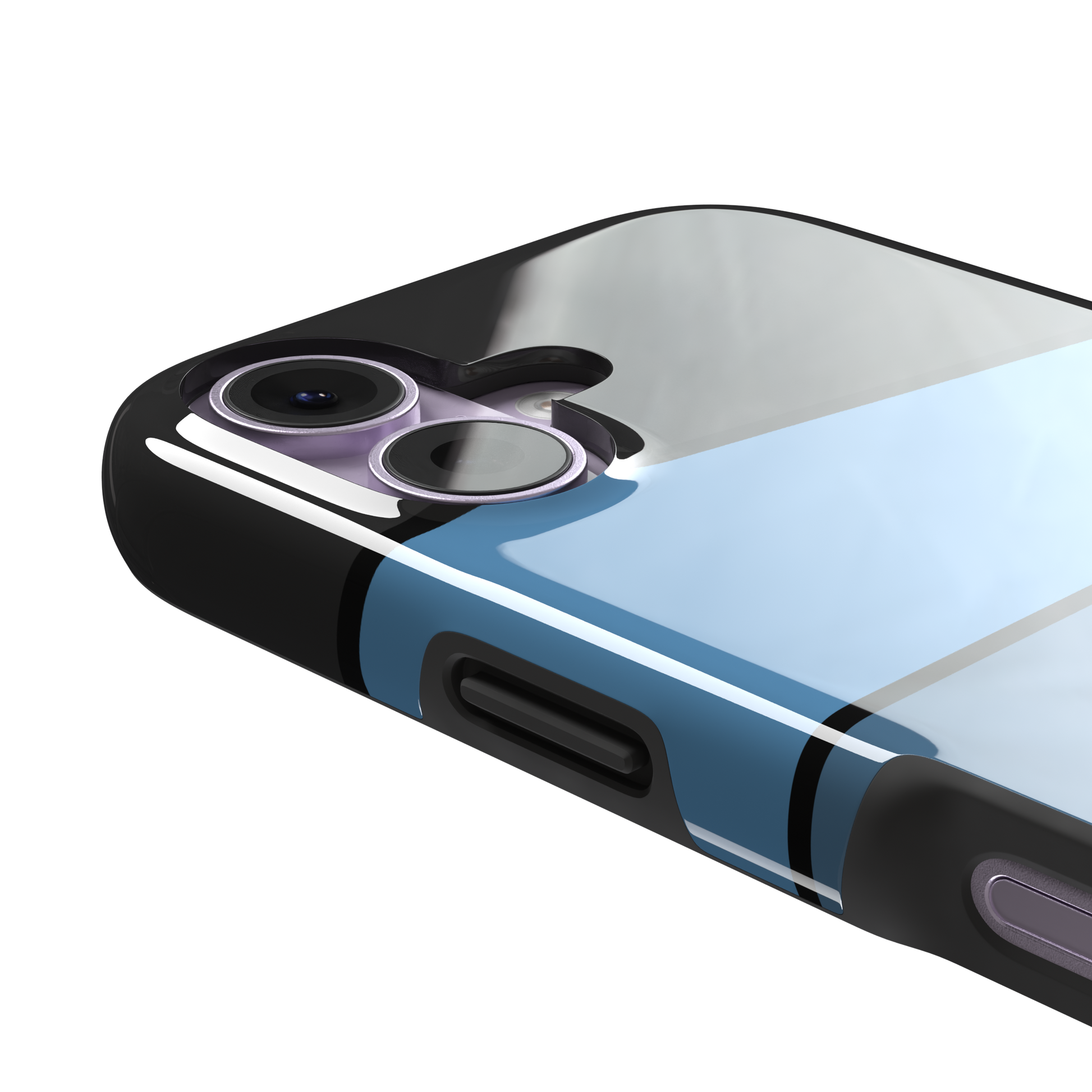Tectonic Plates phone case variant in black, steel blue, muted blue and white diagonal color blocks with black dividing lines, phone case by Caselier — tough case, volume buttons detail