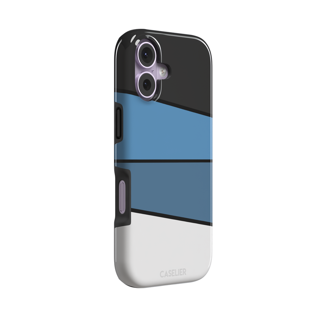 Tectonic Plates phone case variant in black, steel blue, muted blue and white diagonal color blocks with black dividing lines, phone case by Caselier — tough case, left view