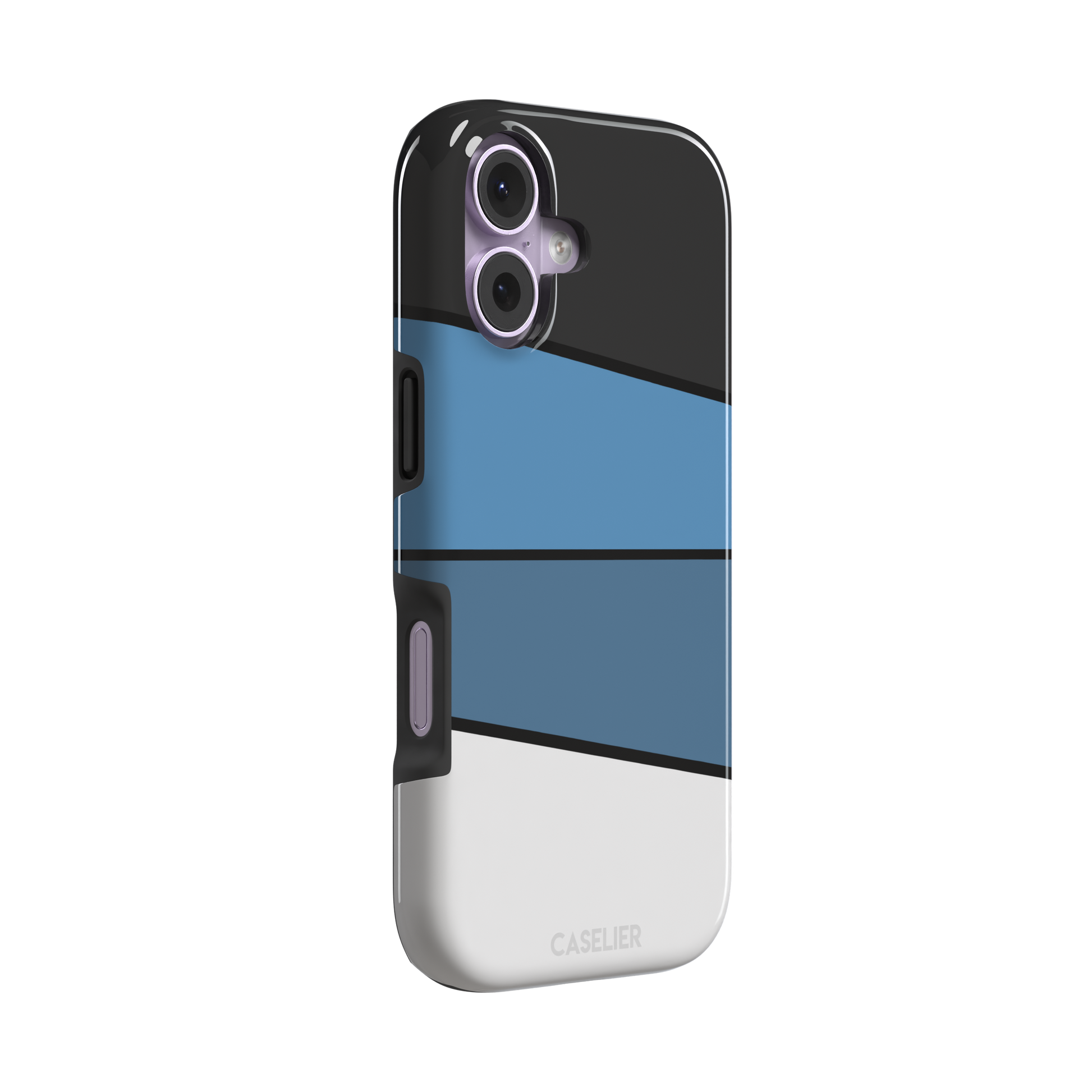 Tectonic Plates phone case variant in black, steel blue, muted blue and white diagonal color blocks with black dividing lines, phone case by Caselier — tough case, left view