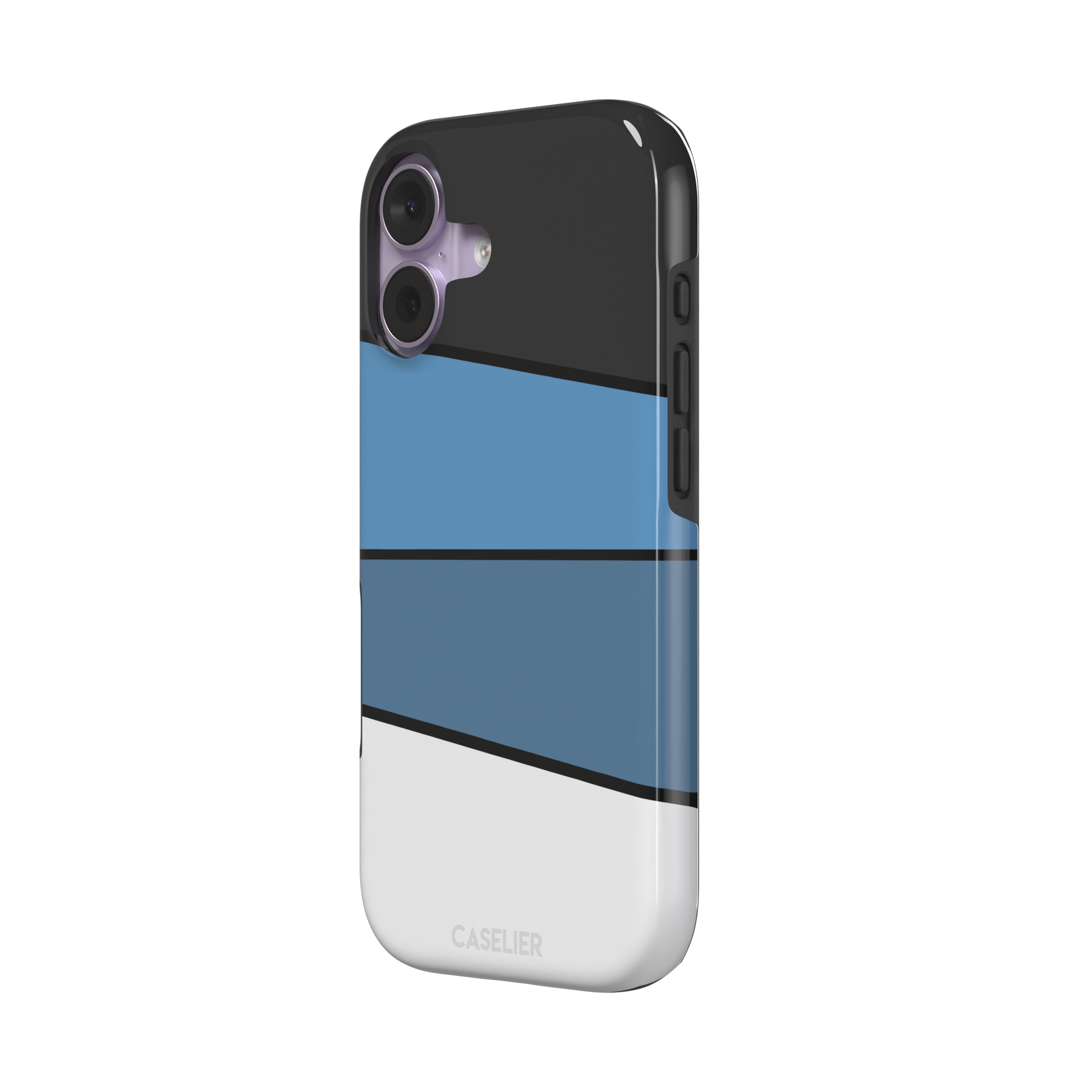 Tectonic Plates phone case variant in black, steel blue, muted blue and white diagonal color blocks with black dividing lines, phone case by Caselier — tough case, right view