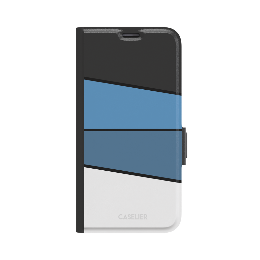 Tectonic Plates phone case variant in black, steel blue, muted blue and white diagonal color blocks with black dividing lines, phone case by Caselier — wallet case, front view