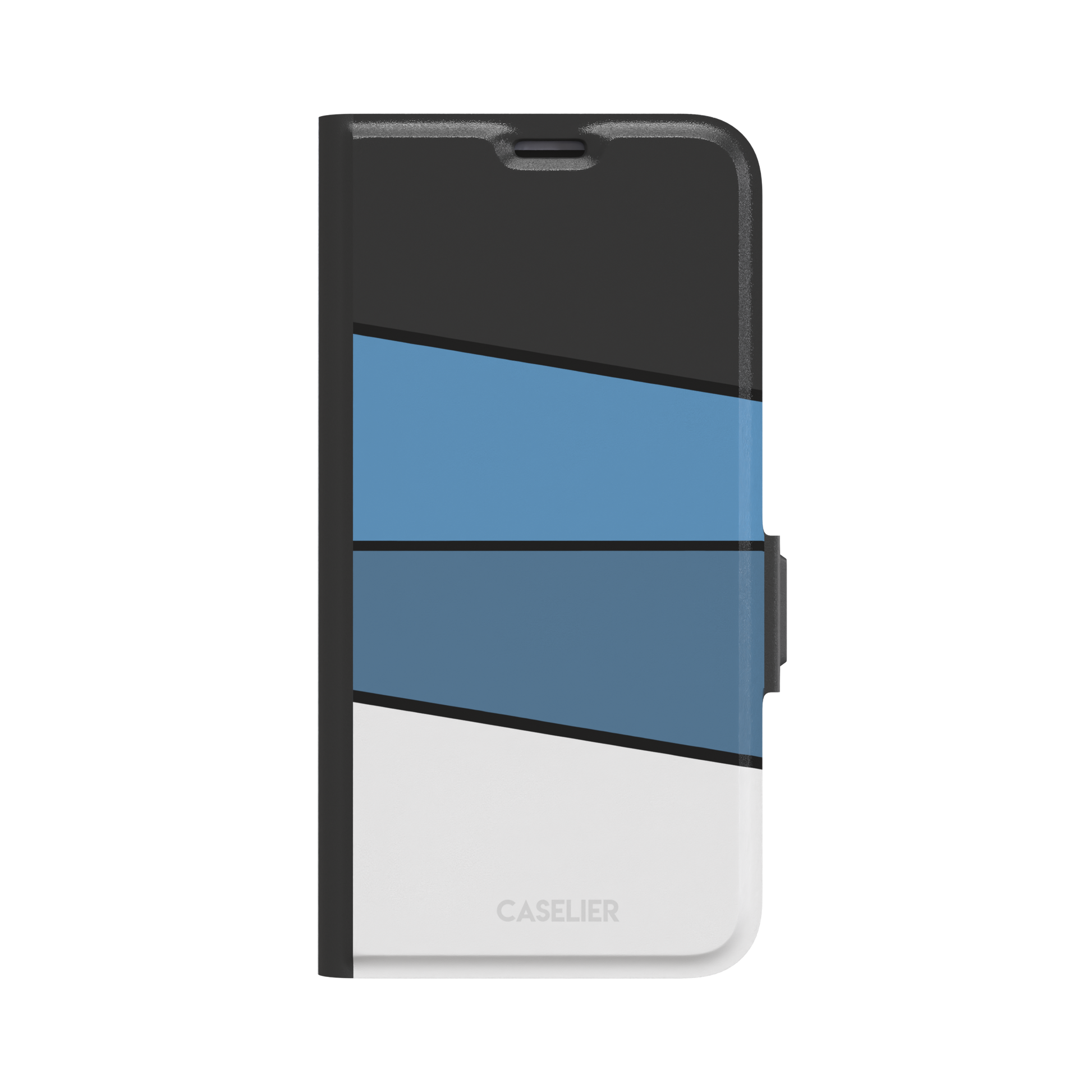 Tectonic Plates phone case variant in black, steel blue, muted blue and white diagonal color blocks with black dividing lines, phone case by Caselier — wallet case, front view
