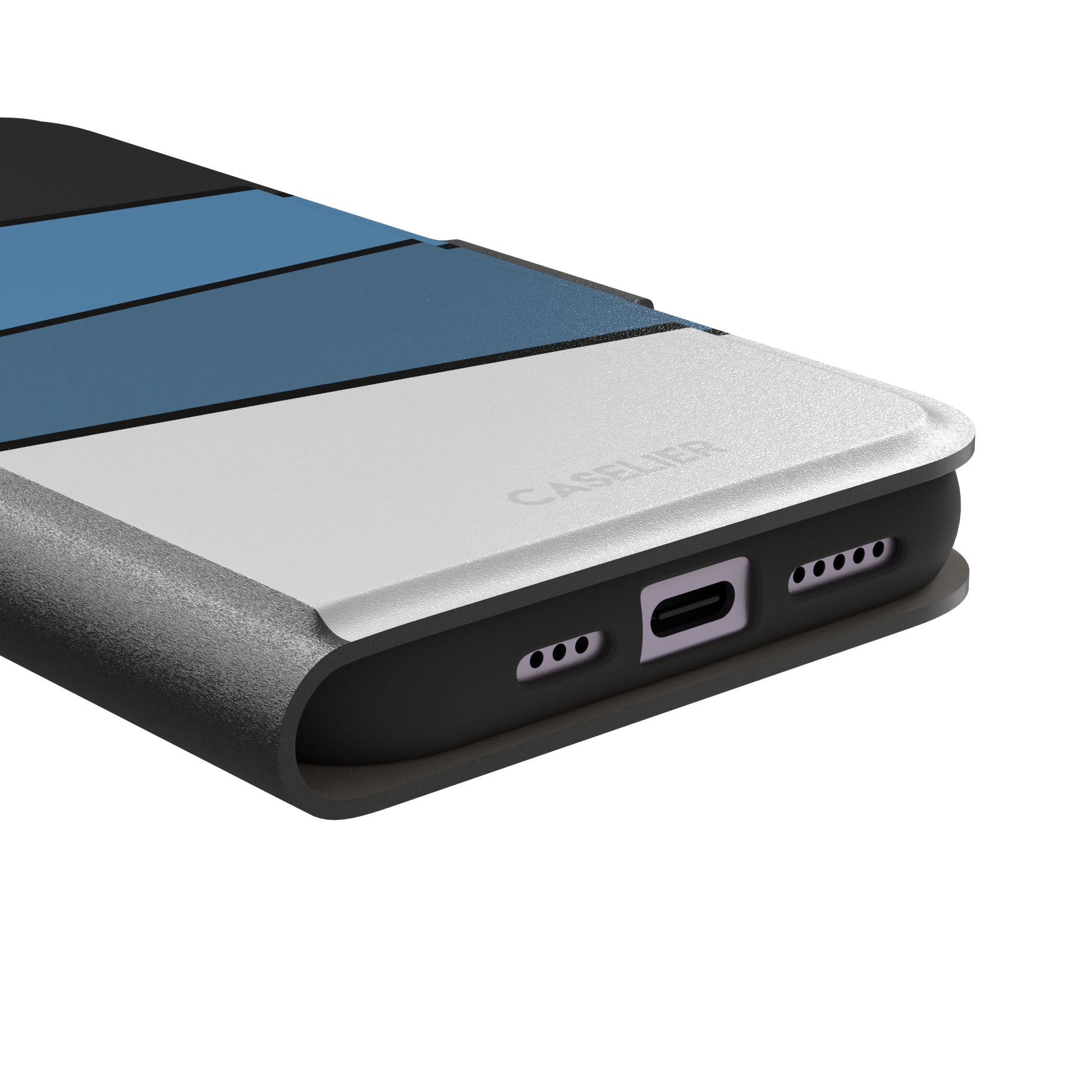Tectonic Plates phone case variant in black, steel blue, muted blue and white diagonal color blocks with black dividing lines, phone case by Caselier — wallet case, charging port detail