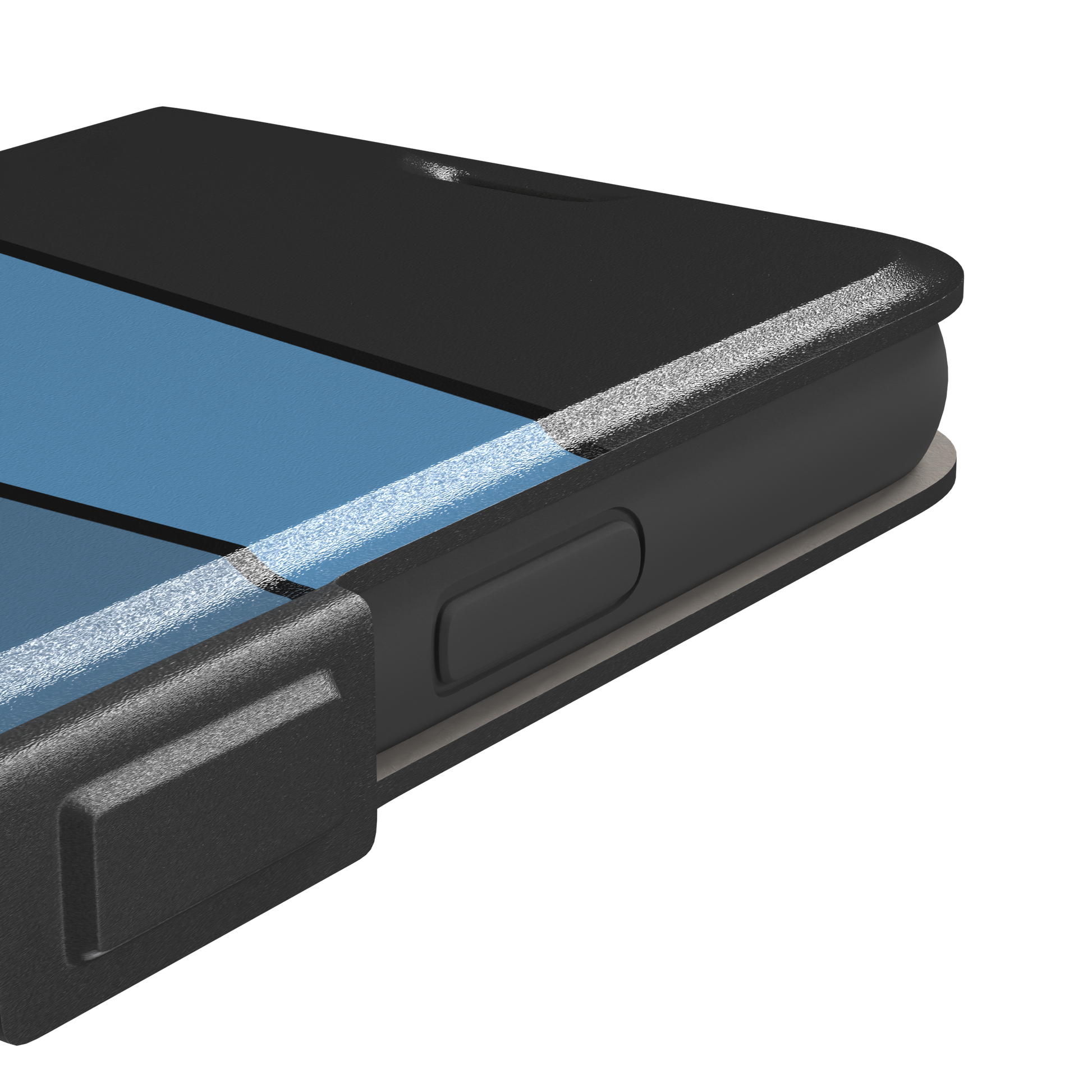 Tectonic Plates phone case variant in black, steel blue, muted blue and white diagonal color blocks with black dividing lines, phone case by Caselier — wallet case, volume buttons detail