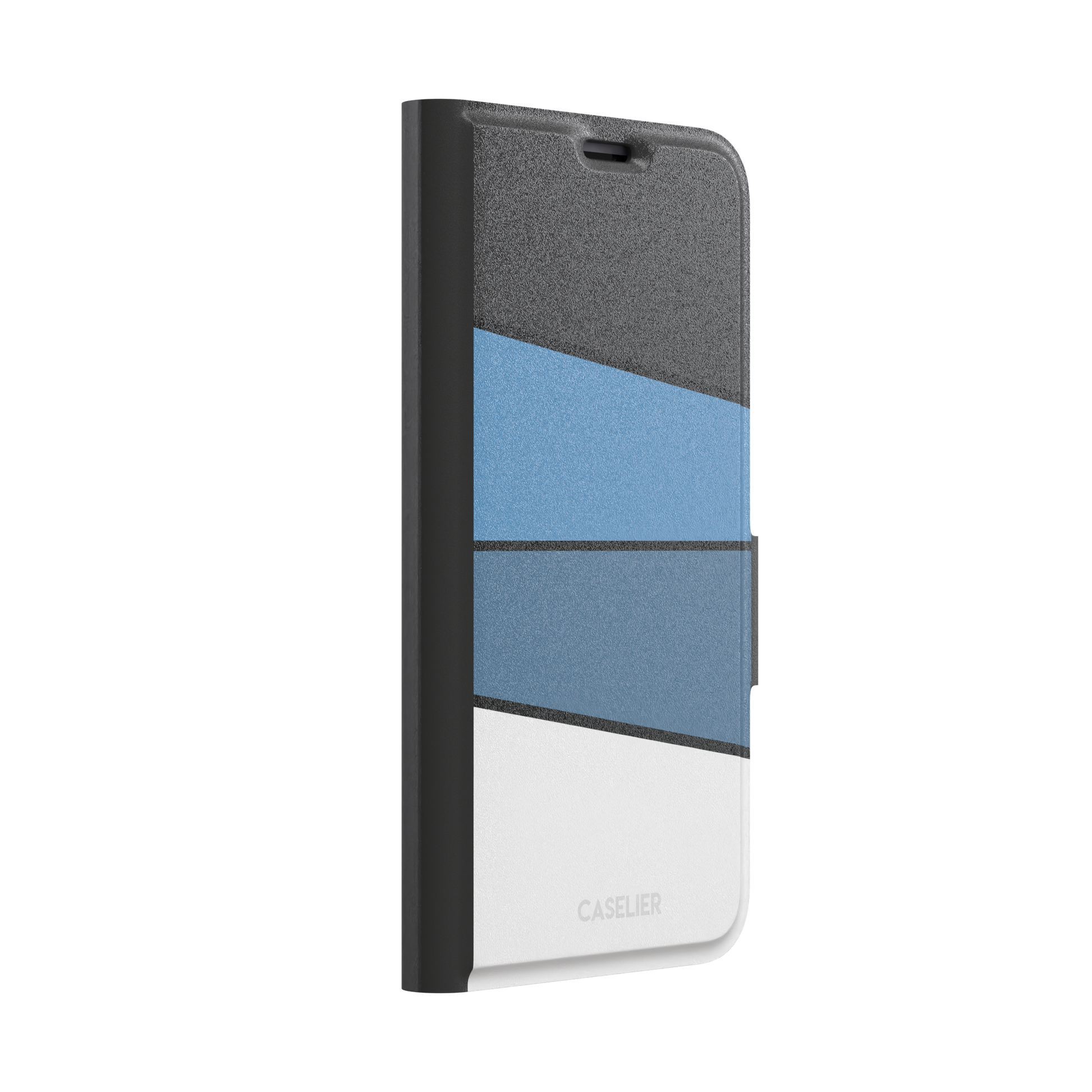 Tectonic Plates phone case variant in black, steel blue, muted blue and white diagonal color blocks with black dividing lines, phone case by Caselier — wallet case, left view