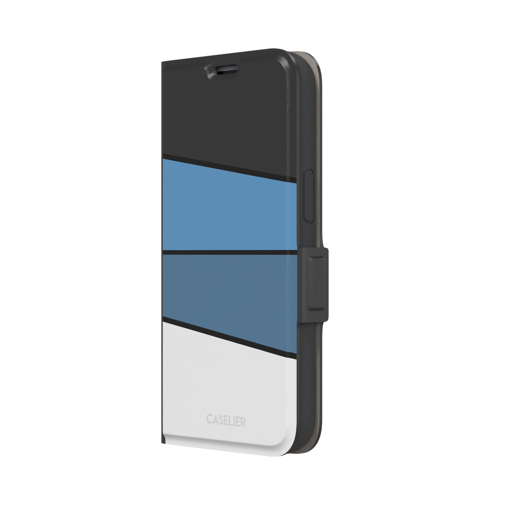 Tectonic Plates phone case variant in black, steel blue, muted blue and white diagonal color blocks with black dividing lines, phone case by Caselier — wallet case, right view