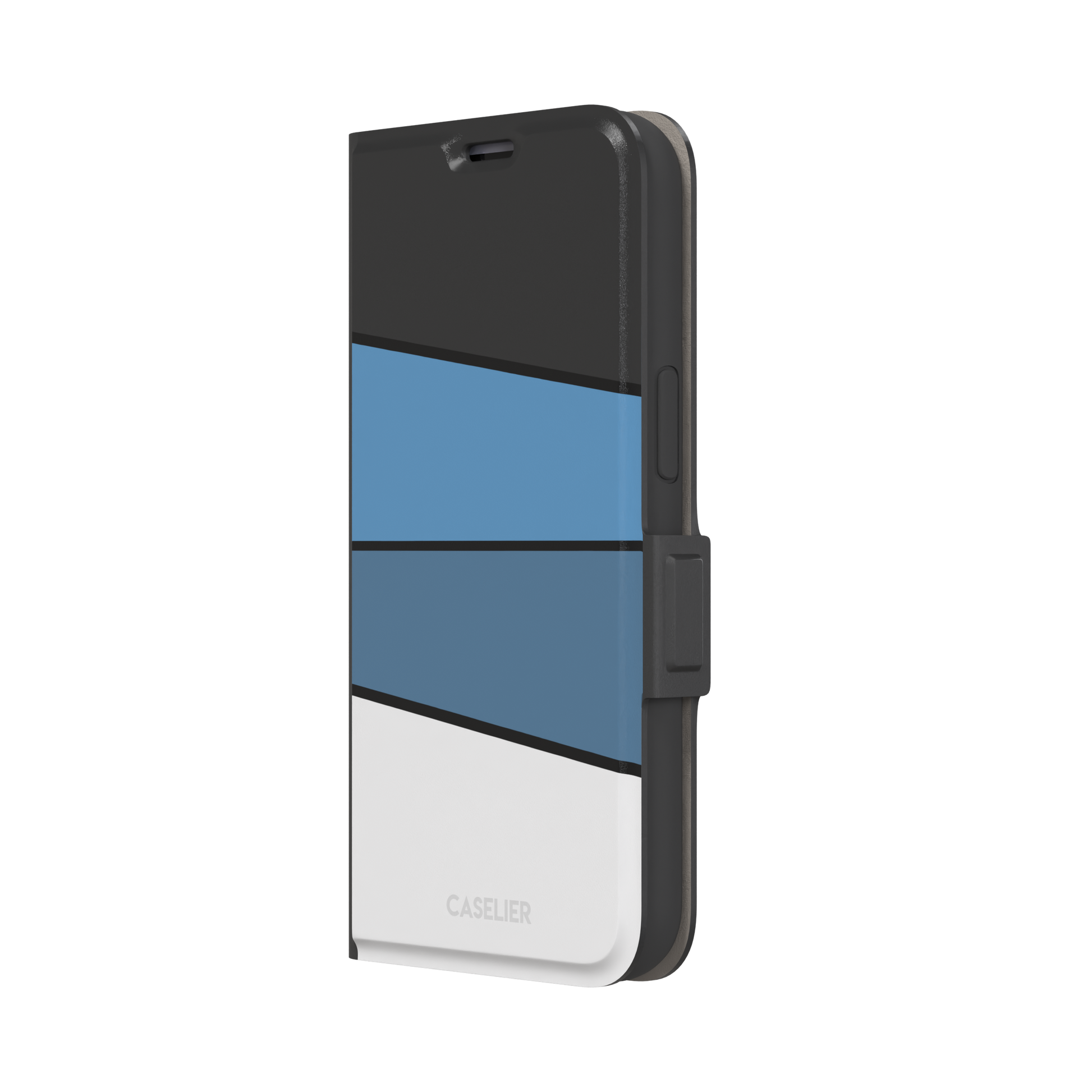 Tectonic Plates phone case variant in black, steel blue, muted blue and white diagonal color blocks with black dividing lines, phone case by Caselier — wallet case, right view