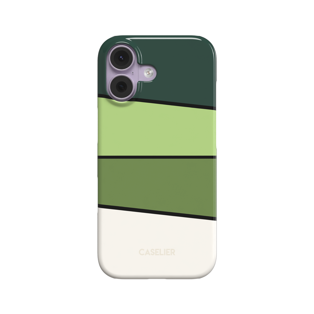 Tectonic Plates, angled dark green, sage and olive colour block stripes, snap case, front view, phone case by Caselier